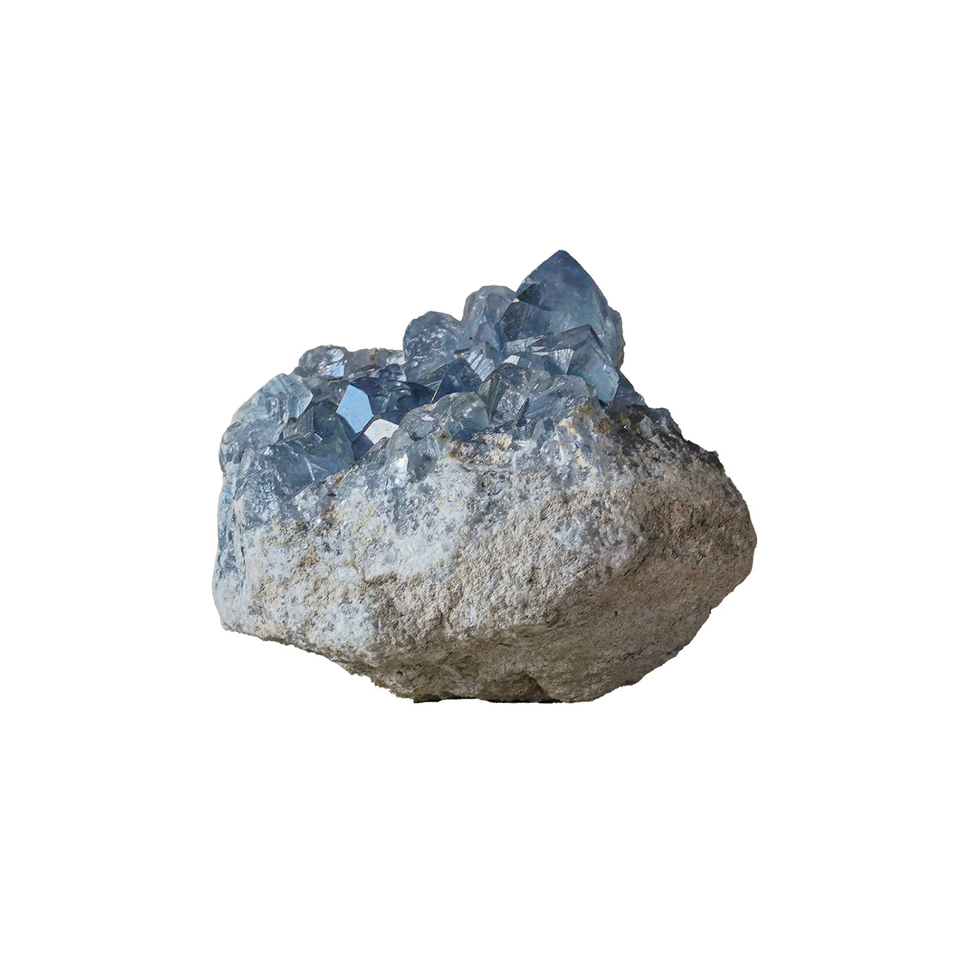 The Celestite Geode by Blue Ocean Traders features rough, decorative clusters of blue, transparent crystals. Ideal as a shelf space filler, this unique piece is shown isolated on a white background.