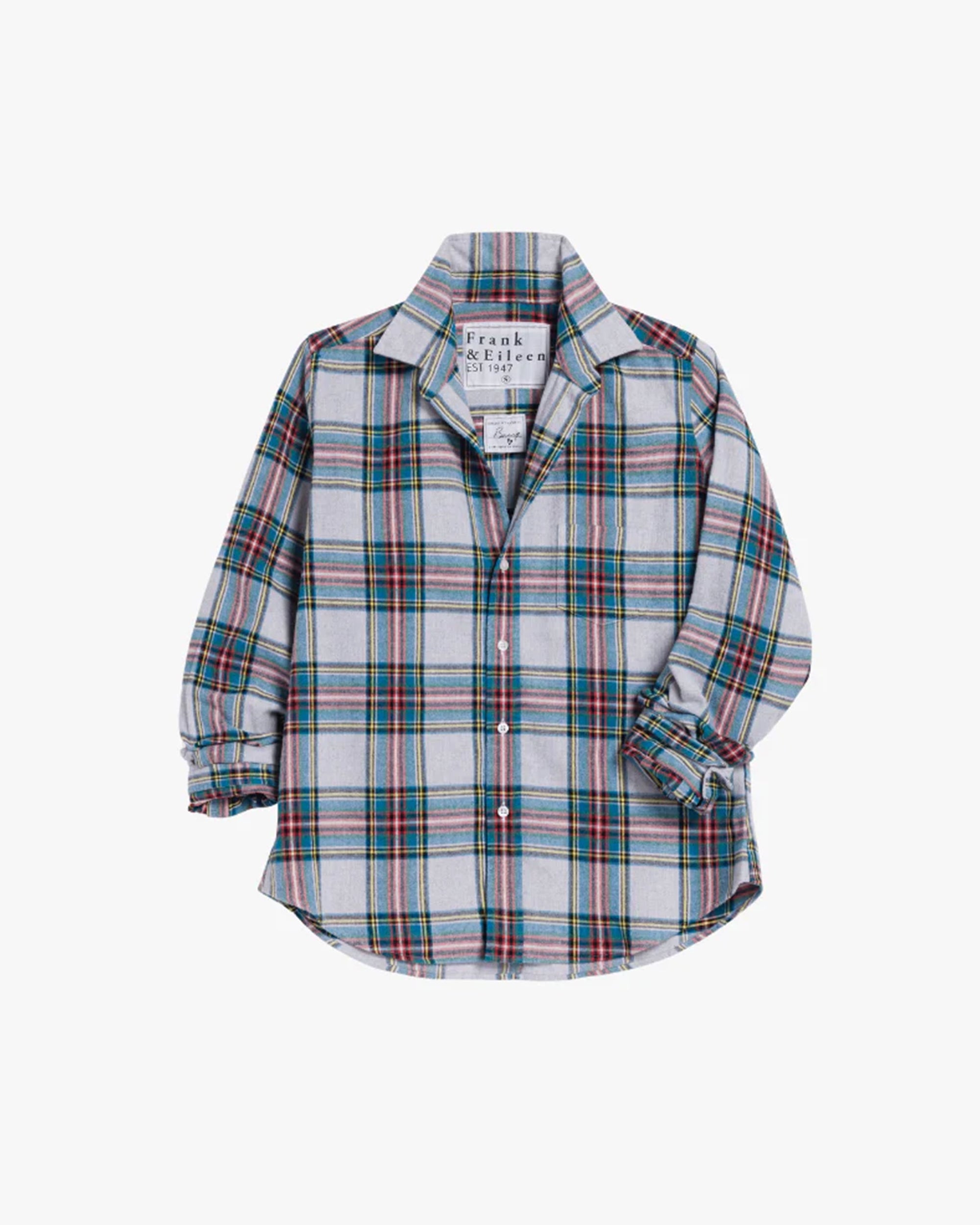The Frank & Eileen BARRY Tailored slim fit shirt features long sleeves and a blue, green, red, and yellow plaid pattern on a light gray background, displayed on a white surface.