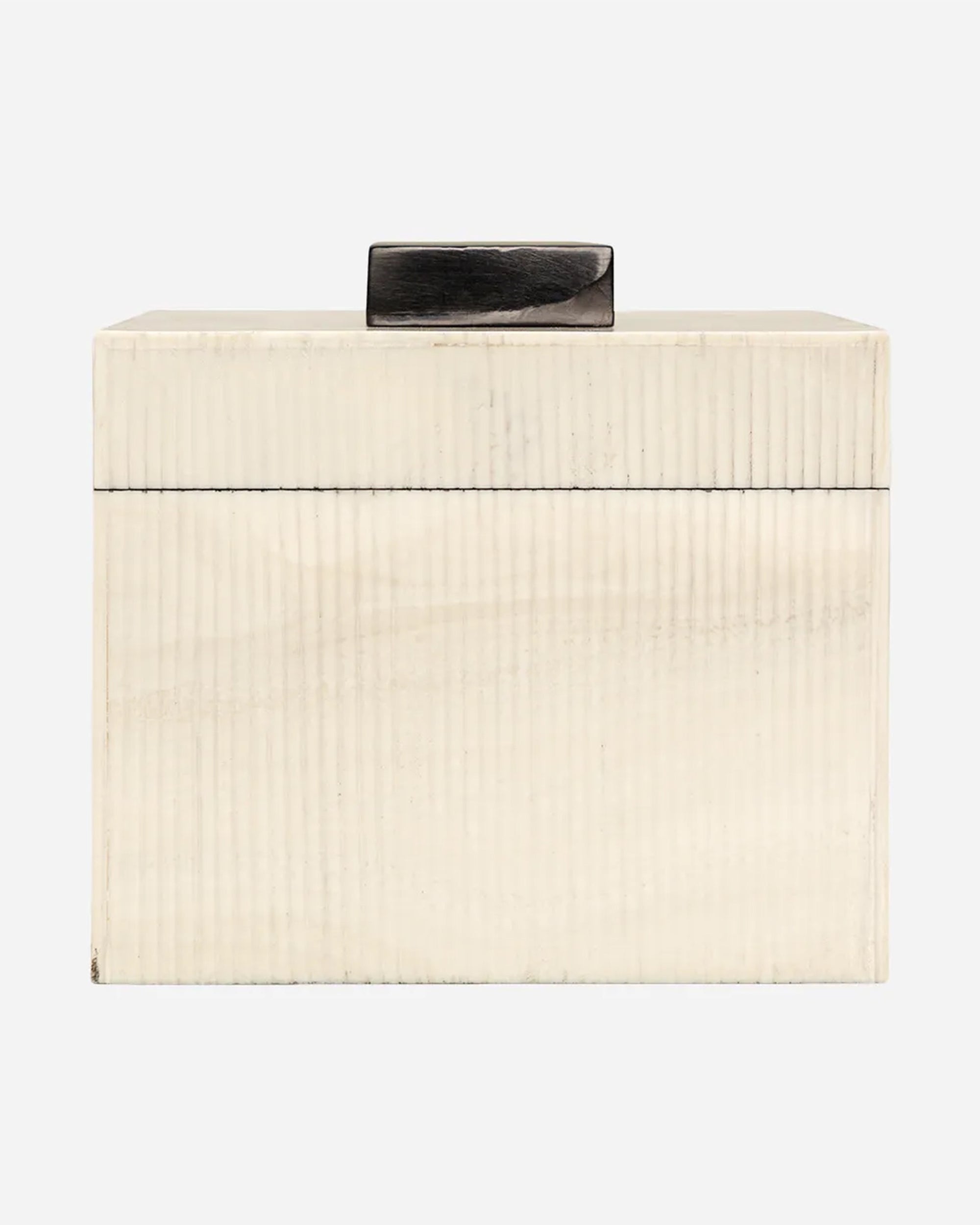 The Import Collection's 46-056 Foley Box is a rectangular cream-colored storage box with subtle vertical ridges and a dark handle, ideal for modern home decor. Shown against a plain white background.
