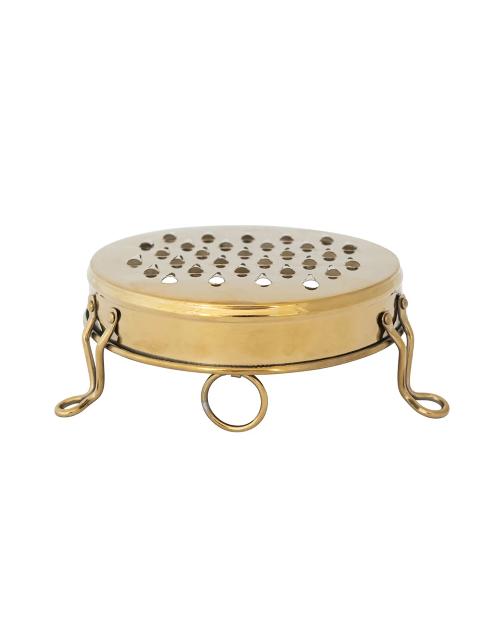 The Creative Co-op Stainless Steel Footed Grater features a round design with perforated holes on top, three curved legs, and a front circular handle. Its compact size allows for versatile use in the kitchen.