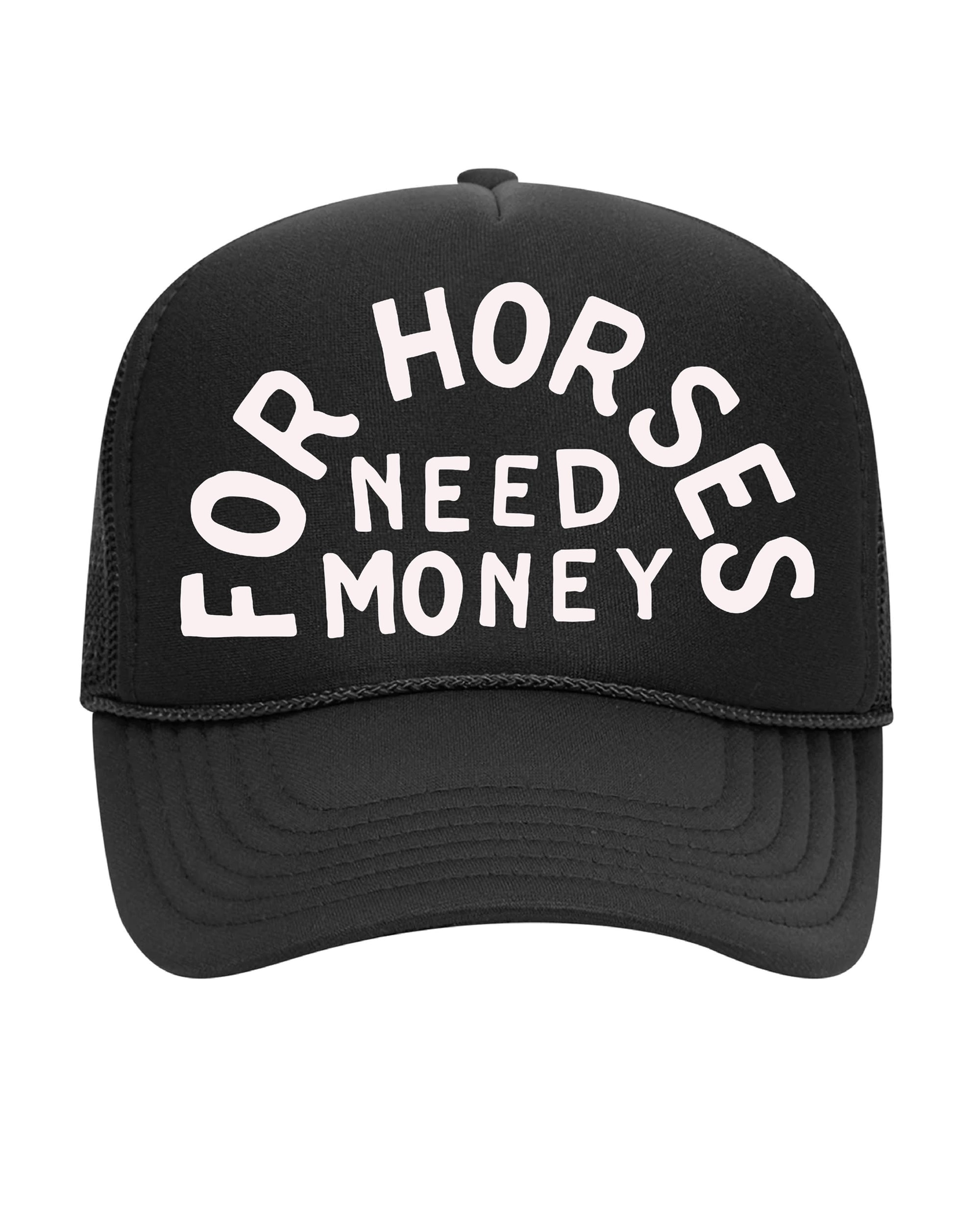 The "For Horses" Hat by Faire is a vintage-inspired unisex trucker cap featuring bold, curved white foam puff print on the front.
