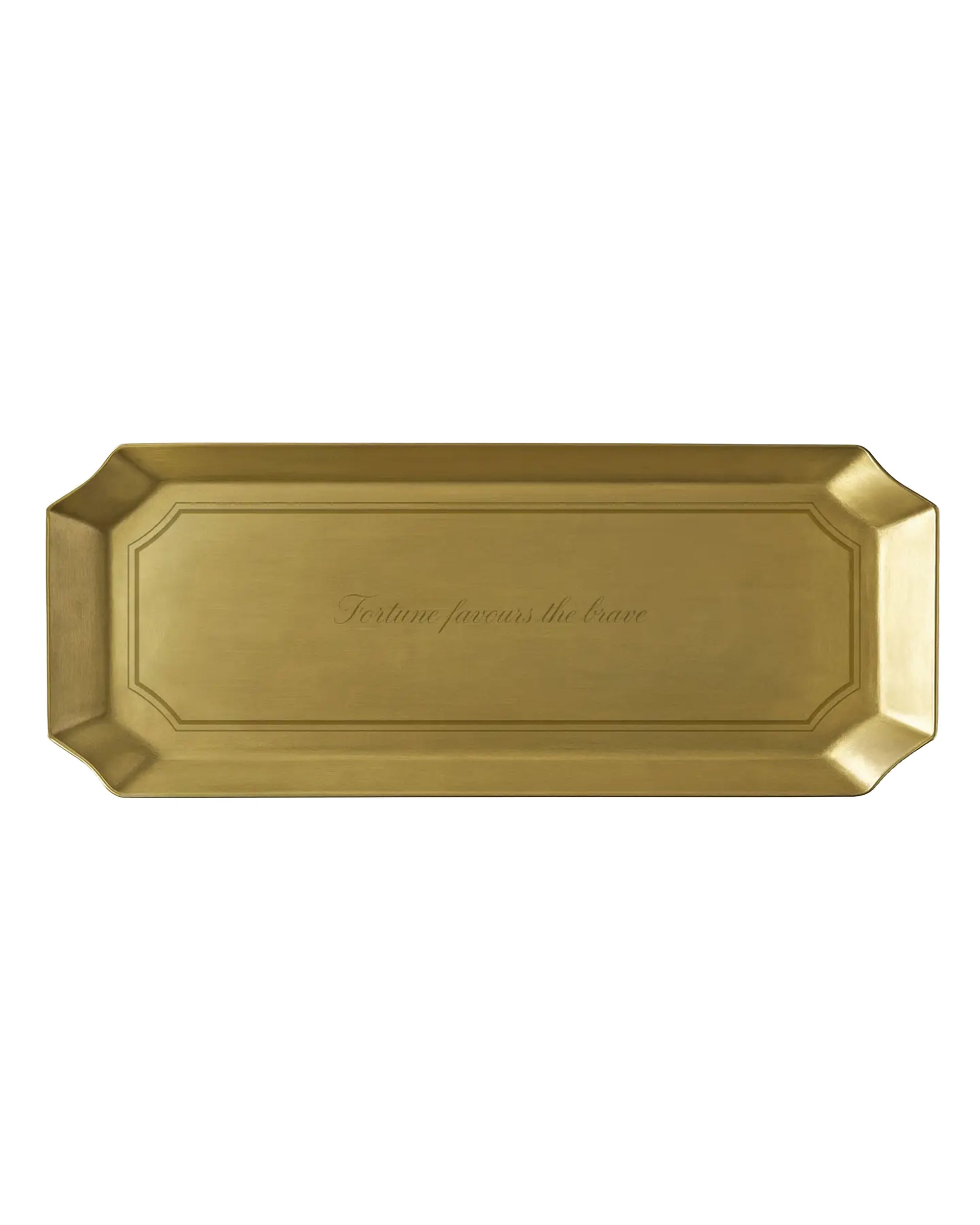 Brass tray with raised edges and Fortune Favours the Brave engraving, by Faire, elegant accent for any room.