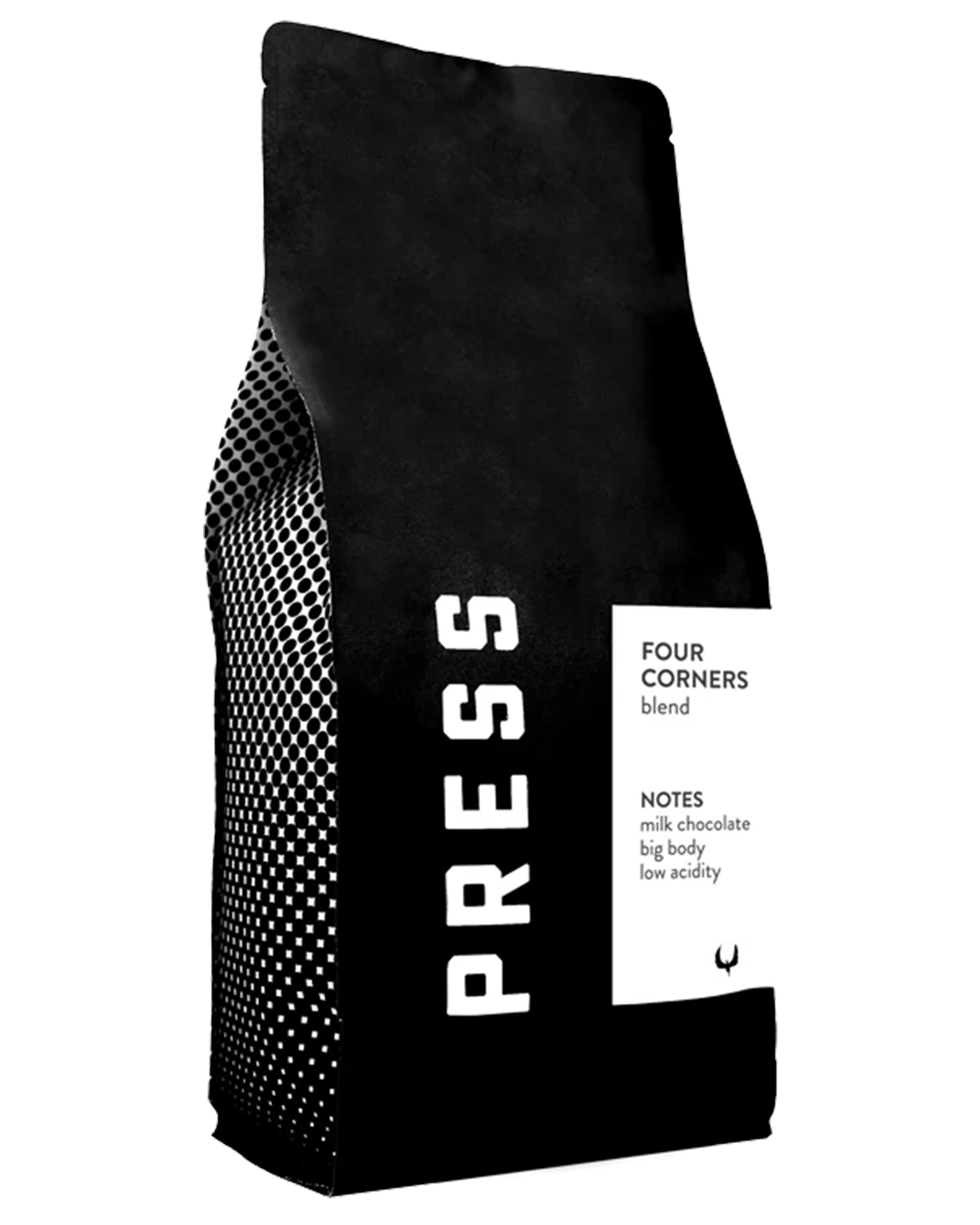 A 5lb black coffee bag from Jeff's Antiques, labeled "PRESS" and "FOUR CORNERS blend," features milk chocolate notes, big body, and low acidity. This blend combines Latin American and Sumatran beans for a rich taste.