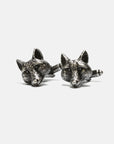 Curated Basics' MENS Cufflinks are silver-plated and designed in the shape of fox heads, showcasing intricate textures that replicate the look of fur. Each cufflink has a 3/4" diameter and is displayed against a simple white background.