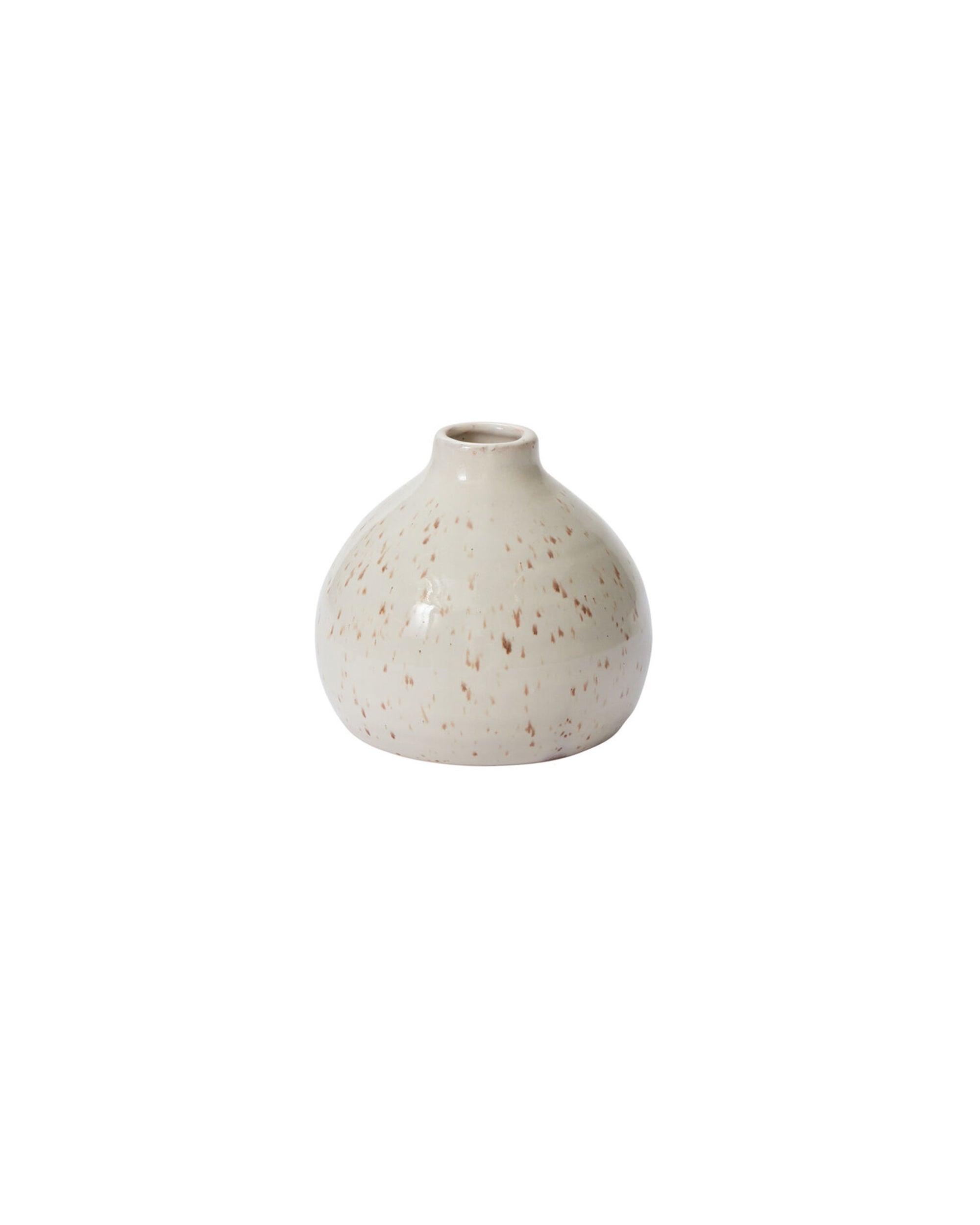 The Accent Decor 54810 Francesca Budvase Short is a small, round ceramic vase with a narrow opening and speckled off-white glaze, ideal for minimalist home decor and shown on a plain white background.