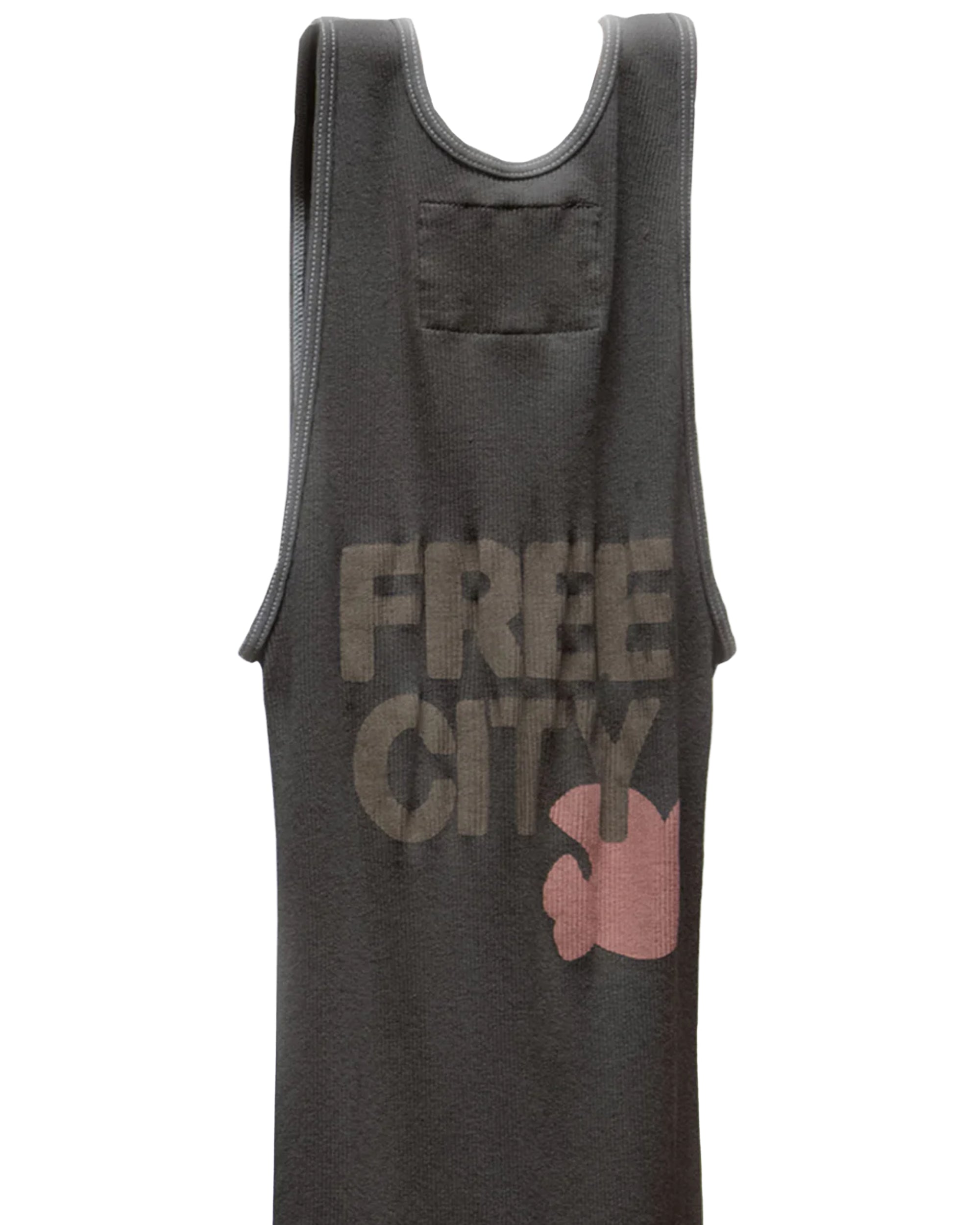 The FreeCity SuperVintage Tank by Free City (sparrow, LLC) is a unisex rib tank handmade in Los Angeles, featuring "FREE CITY" in bold gray on the back and a small pink bird graphic below.