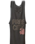 The FreeCity SuperVintage Tank by Free City (sparrow, LLC) is a unisex rib tank handmade in Los Angeles, featuring "FREE CITY" in bold gray on the back and a small pink bird graphic below.