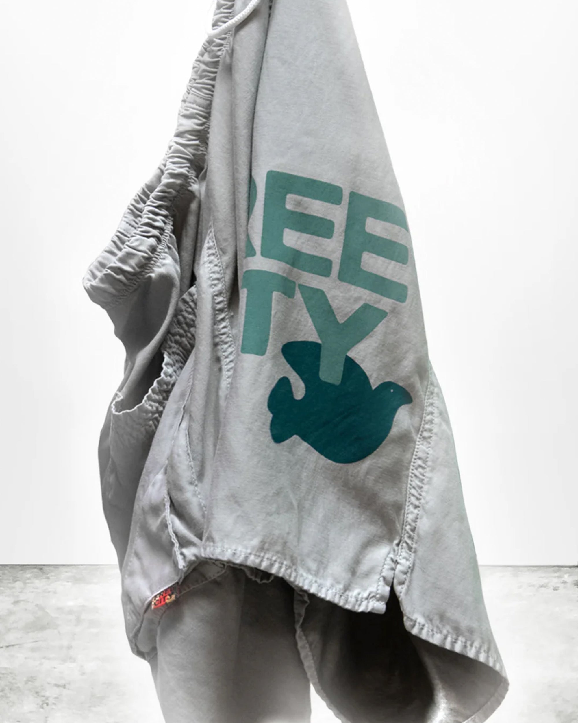 The Free City Matte/Satin BackPocket Short in light gray features frayed edges, teal FREECITY print, and a blue dove graphic, shown hanging against a plain background.