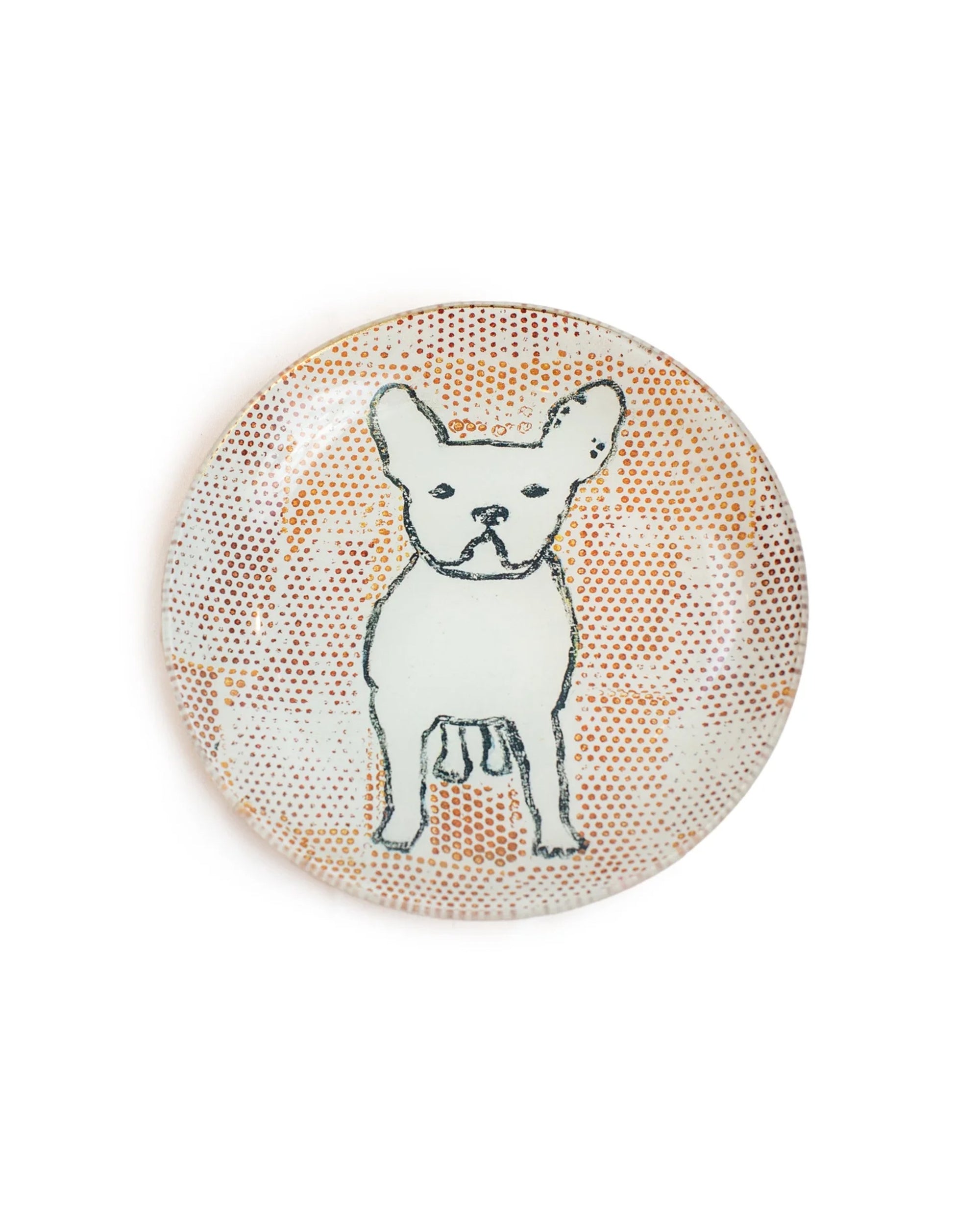 The Frenchie Small Plate by Sugarboo Designs is a round decorative plate with a standing French Bulldog and an orange and white dotted background—ideal as a jewelry holder or accent piece.
