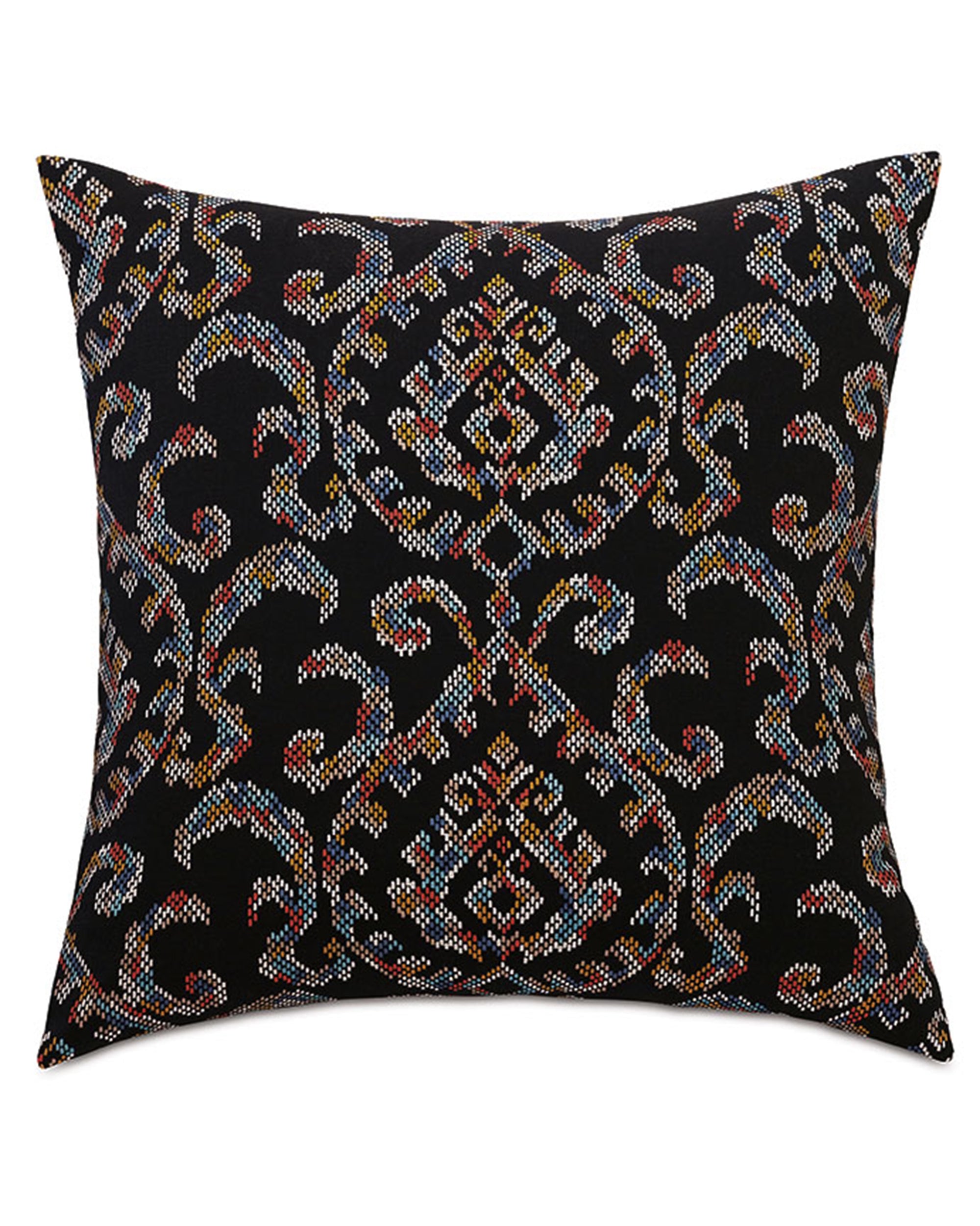 Euro sham in black cotton with vibrant ikat and swirl print by Eastern Accents, Freya Collection.