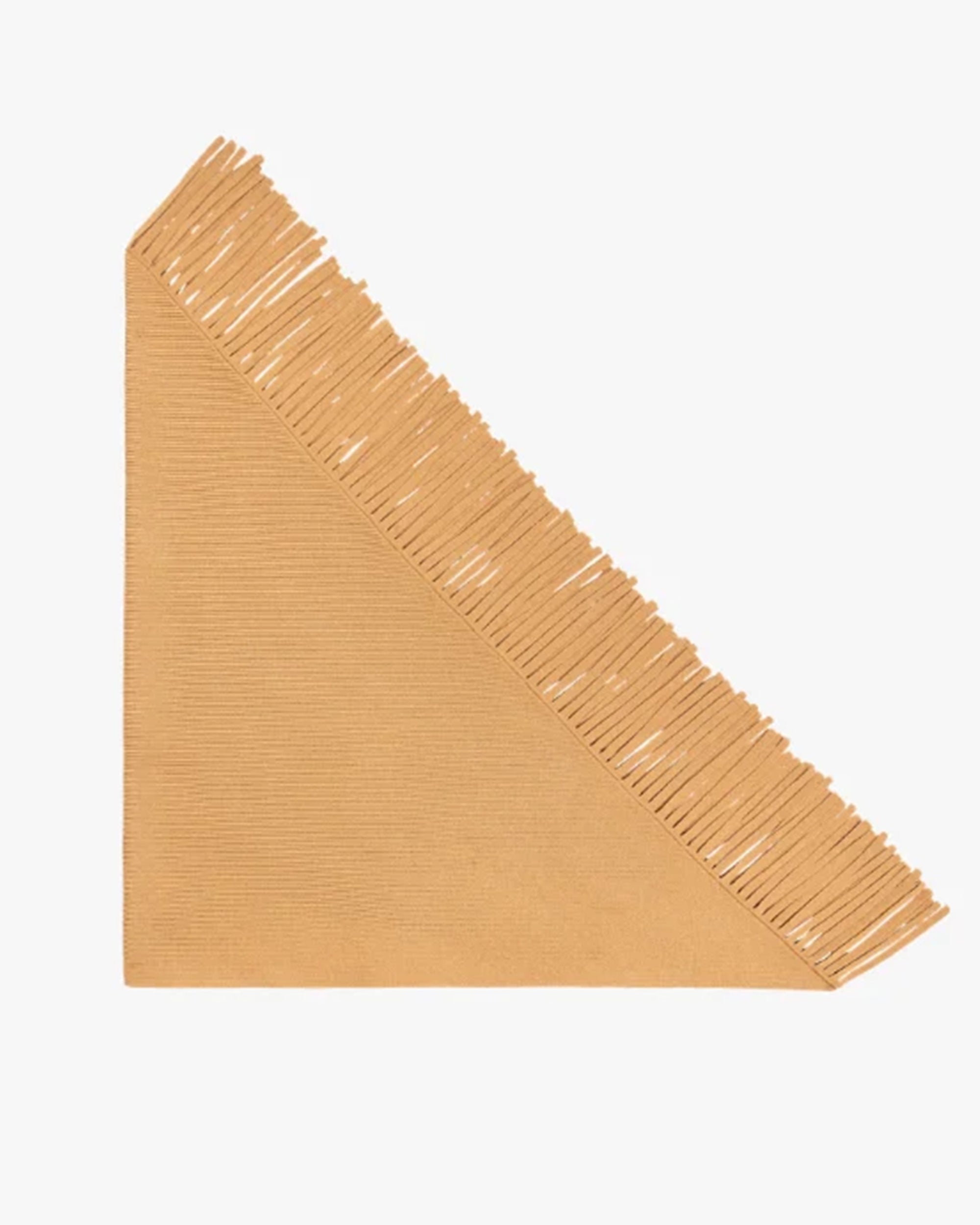 Tan triangle scarf with fringe edge by The Great Inc., Big Sweater Fringe Scarf, displayed on a white background.