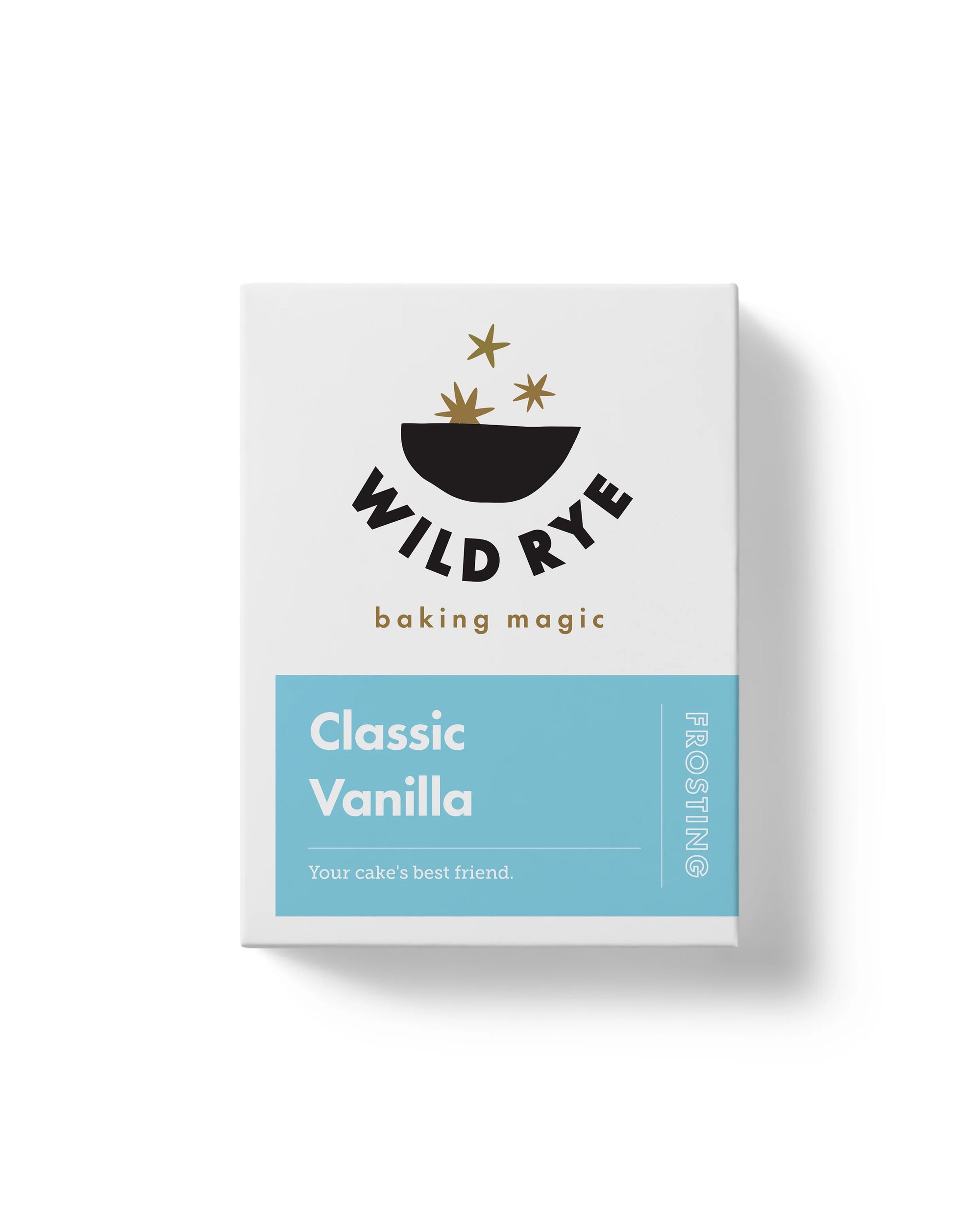 A white box with blue and black text, ideal for displaying Wild Rye Frosting.