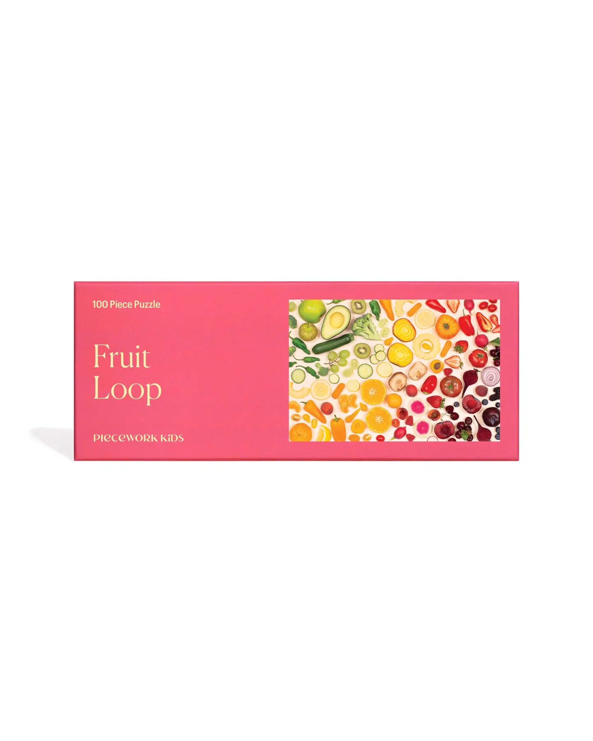 A rectangular pink box labeled "Kids 100 Piece Puzzle" by Faire showcases a vibrant fruit and veggie pattern and is made from recycled paper.