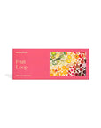 A rectangular pink box labeled "Kids 100 Piece Puzzle" by Faire showcases a vibrant fruit and veggie pattern and is made from recycled paper.