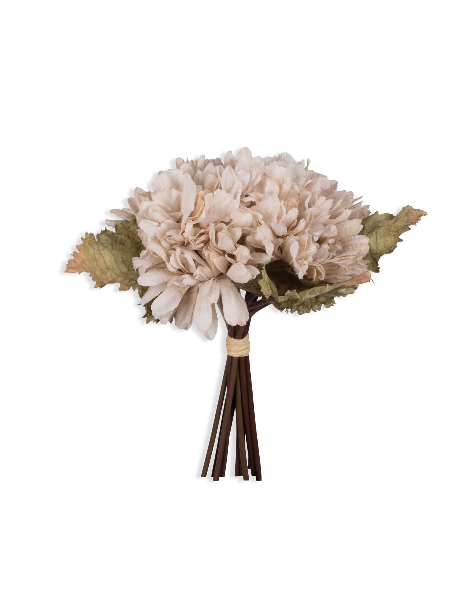 The Abigail Ahern AA-N4-001 Garden Bouquet features light beige hand-painted fabric flowers with large petals, greenish-brown leaves, and dark brown stems tied with a light band, set against a white background.