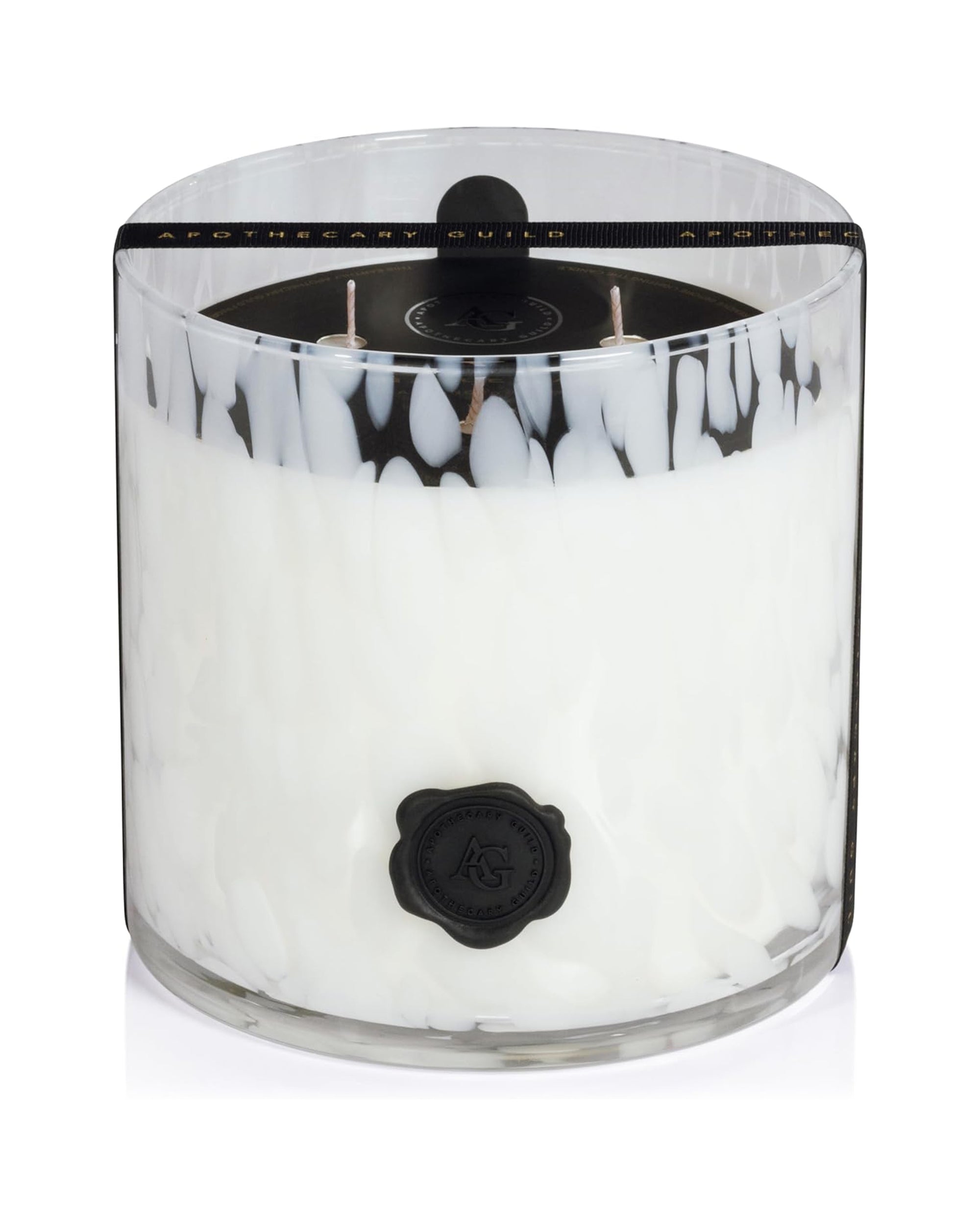 The Zodax IG-2499 Opal 3-wick Candle Gardenia features a marble-like pattern, black accents, and a black wax seal on clear glass—providing luxurious home fragrance for any space.