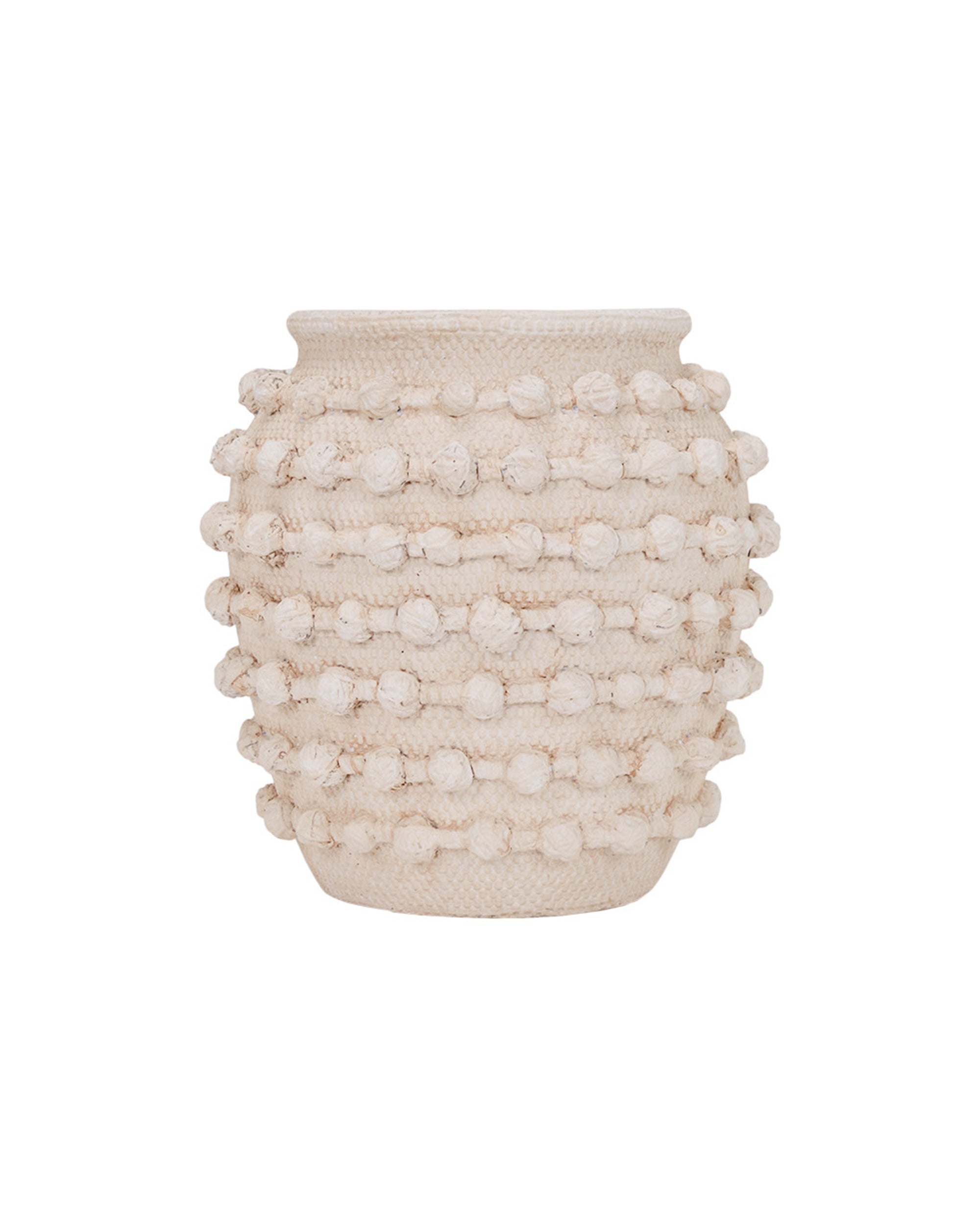 The Import Collection 38-442 Gavino Short Vase features a cream ceramic finish with evenly spaced raised bumps, adding artisan texture and style to modern decor.