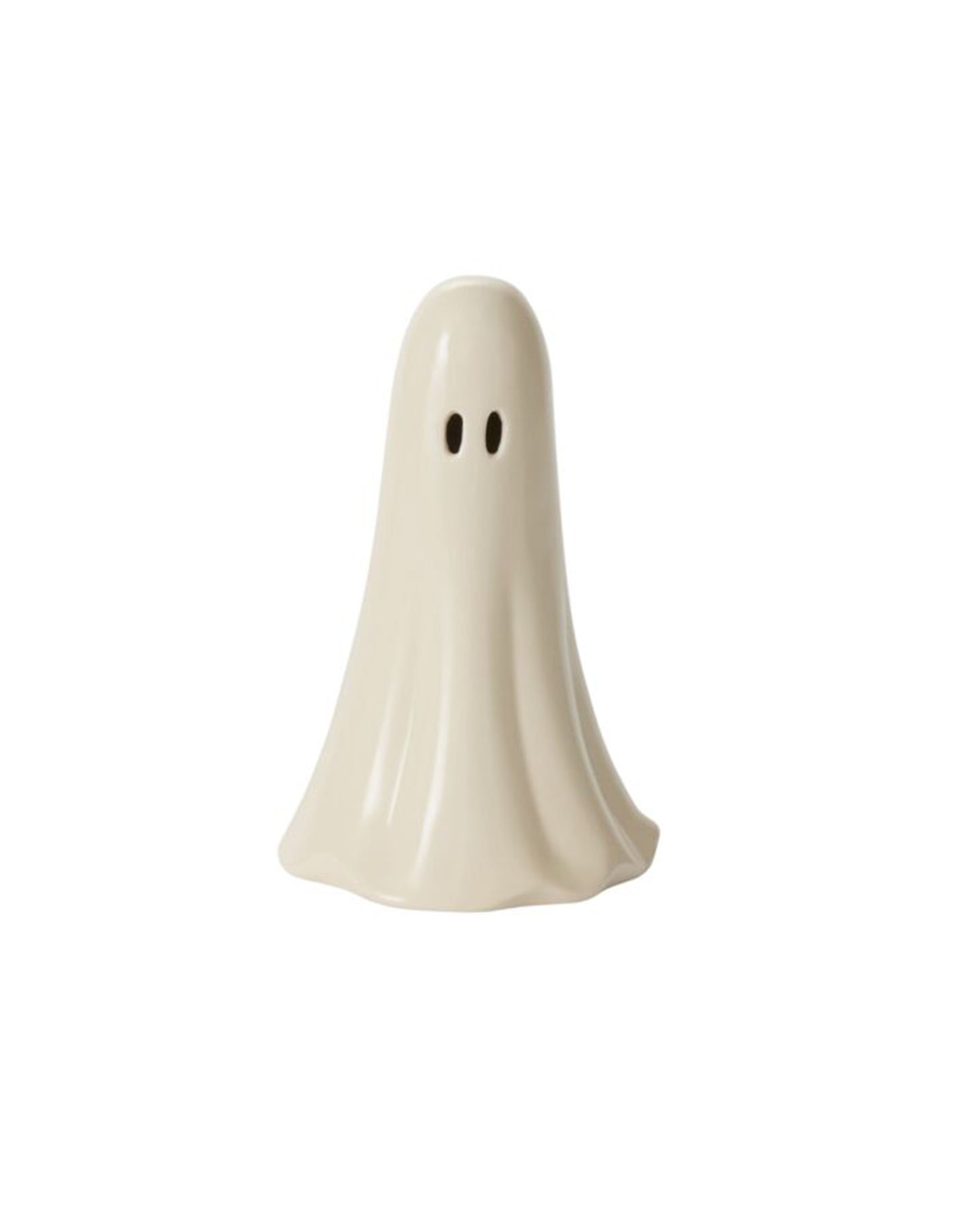 The Ghostly Figurine Large by Accent Decor is a smooth, ceramic ghost with black oval eyes, ideal for Halloween decor. This classic white-sheet ghost makes a charming addition to your seasonal display.