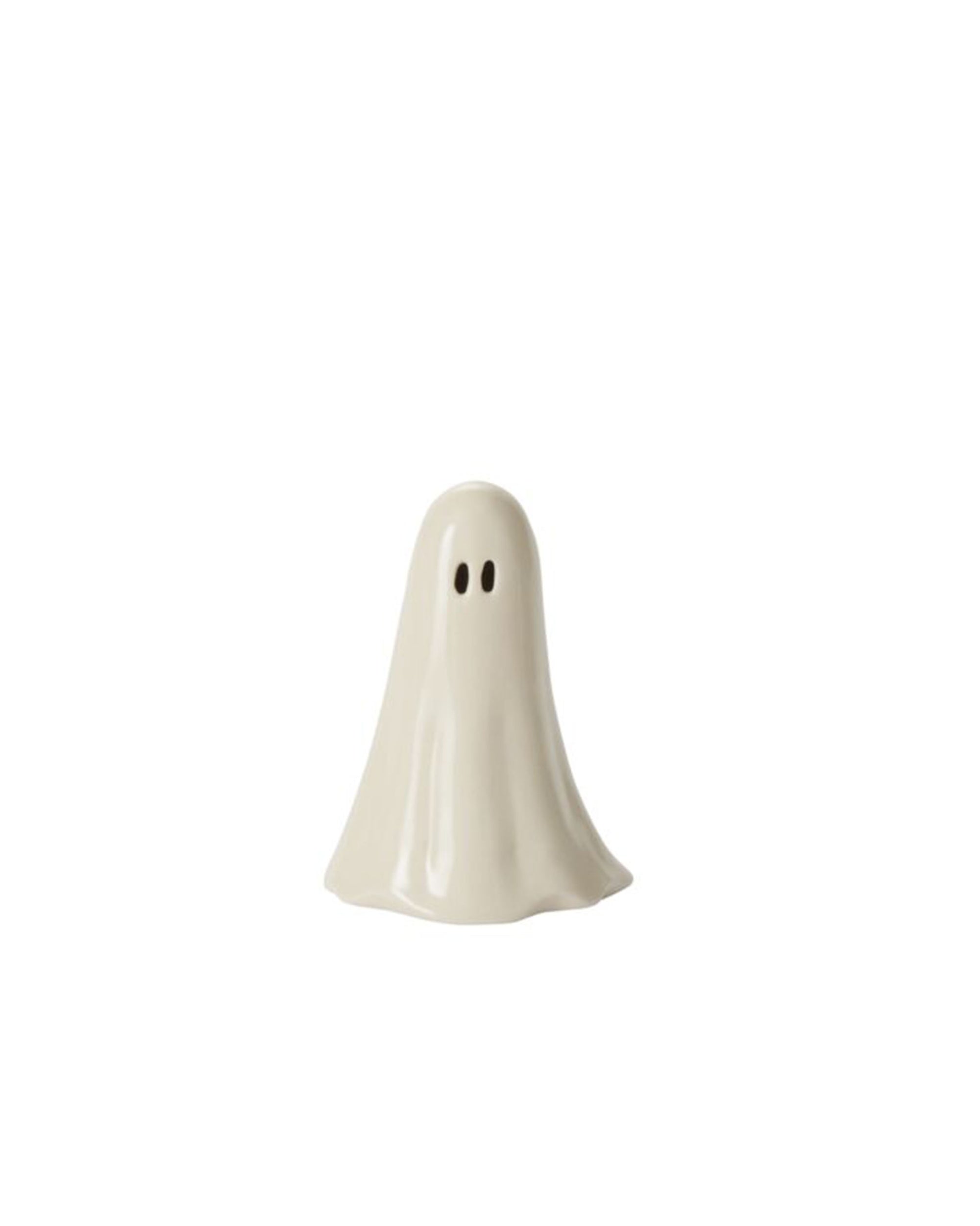 The Accent Decor ghostly Figurine Small is a white ceramic ghost with black oval eyes, perfect for Halloween decor or collecting hand-painted ghosts. It stands alone against a plain white background.