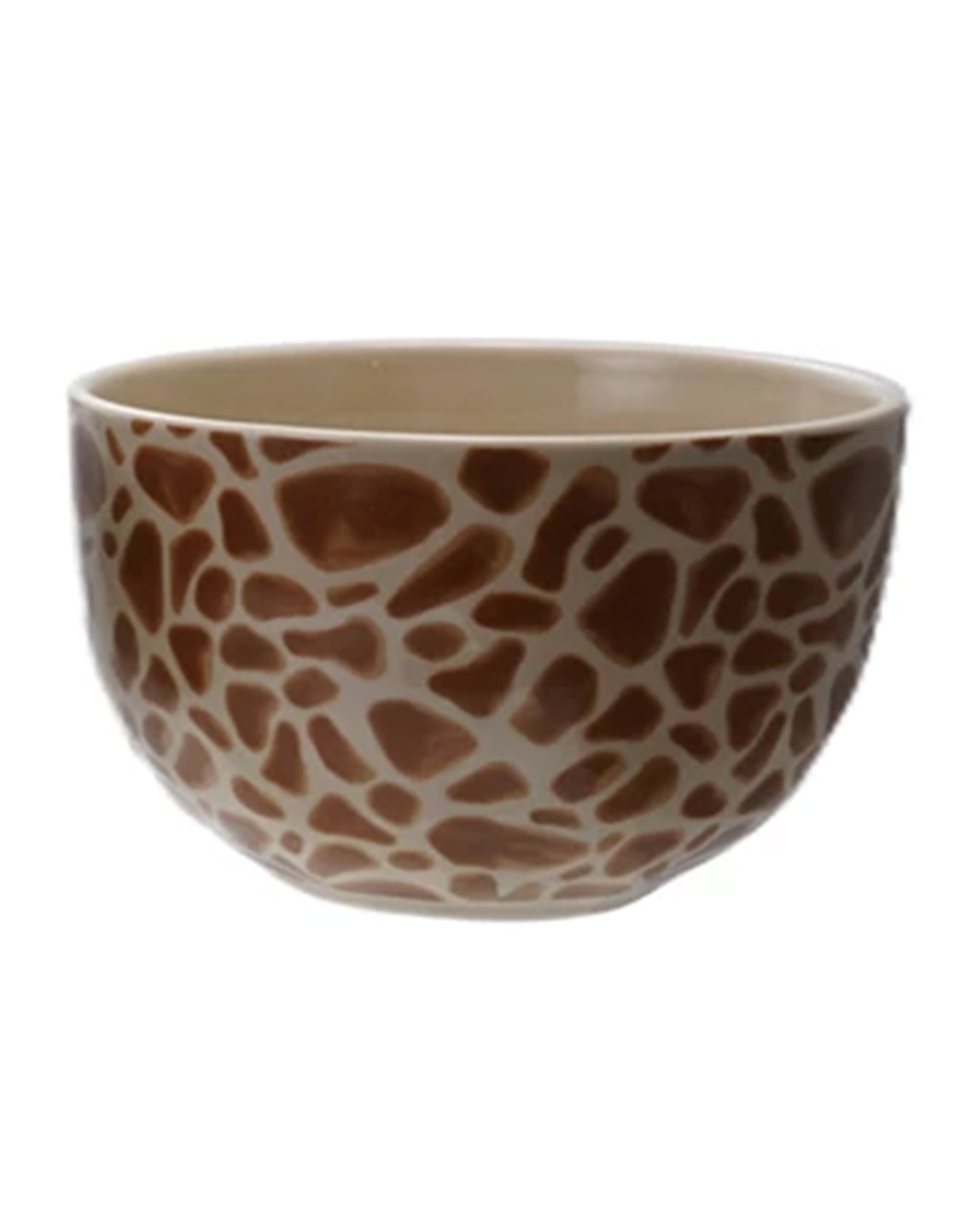 The Creative Co-op Bowl with Animal Print features a stoneware design with a beige base and irregular brown spots, perfect for small servings. Shown on a white background.