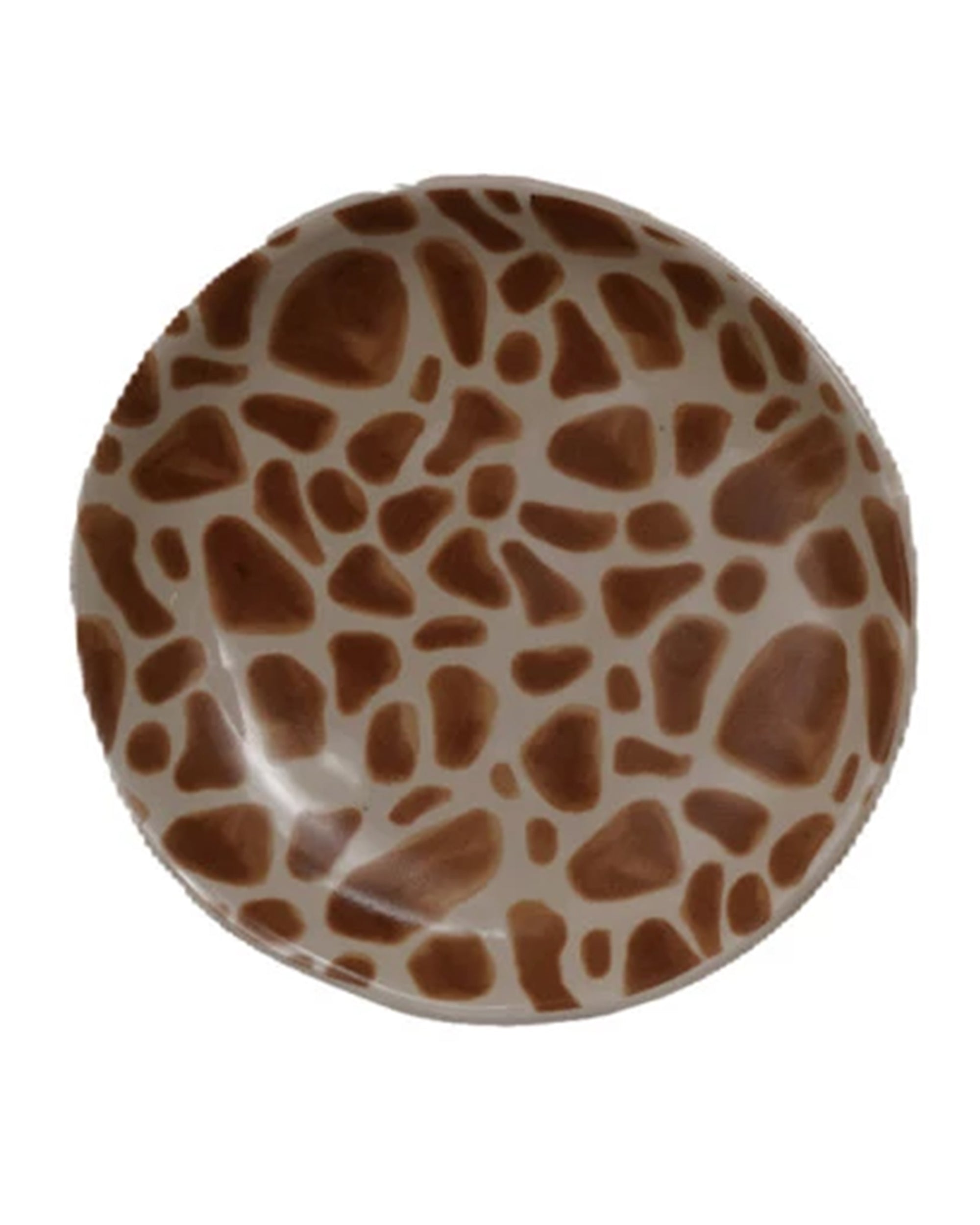 The Creative Co-op Dish with Animal Print is a round stoneware plate featuring a giraffe pattern of brown spots on beige. Pair it with the matching bowls for a coordinated table setting.