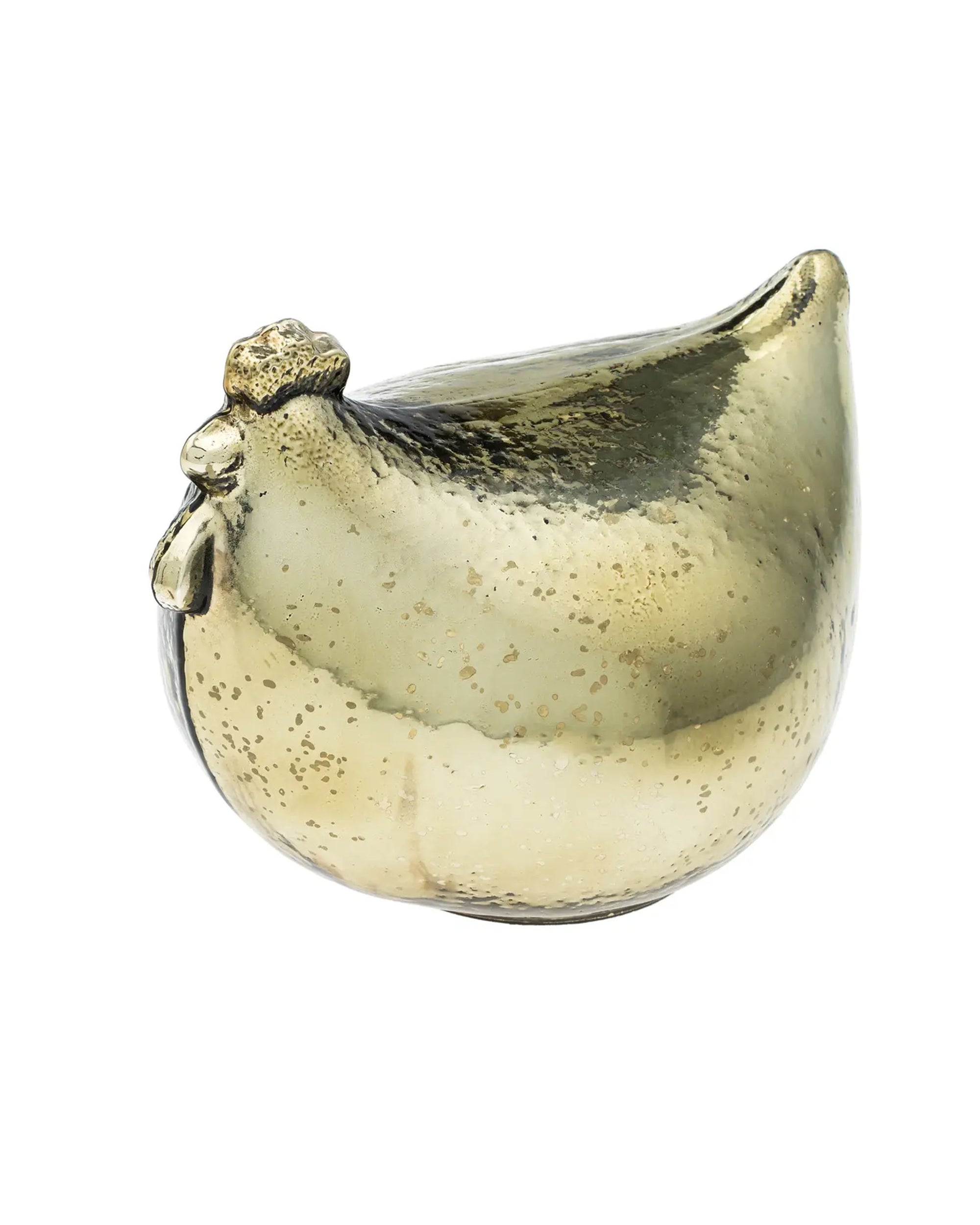 The Indaba Mother Hen Glass Statuette is a gold-toned decorative figurine with a smooth, rounded body and minimalist details, inspired by handcrafted glass decor for a charming accent.