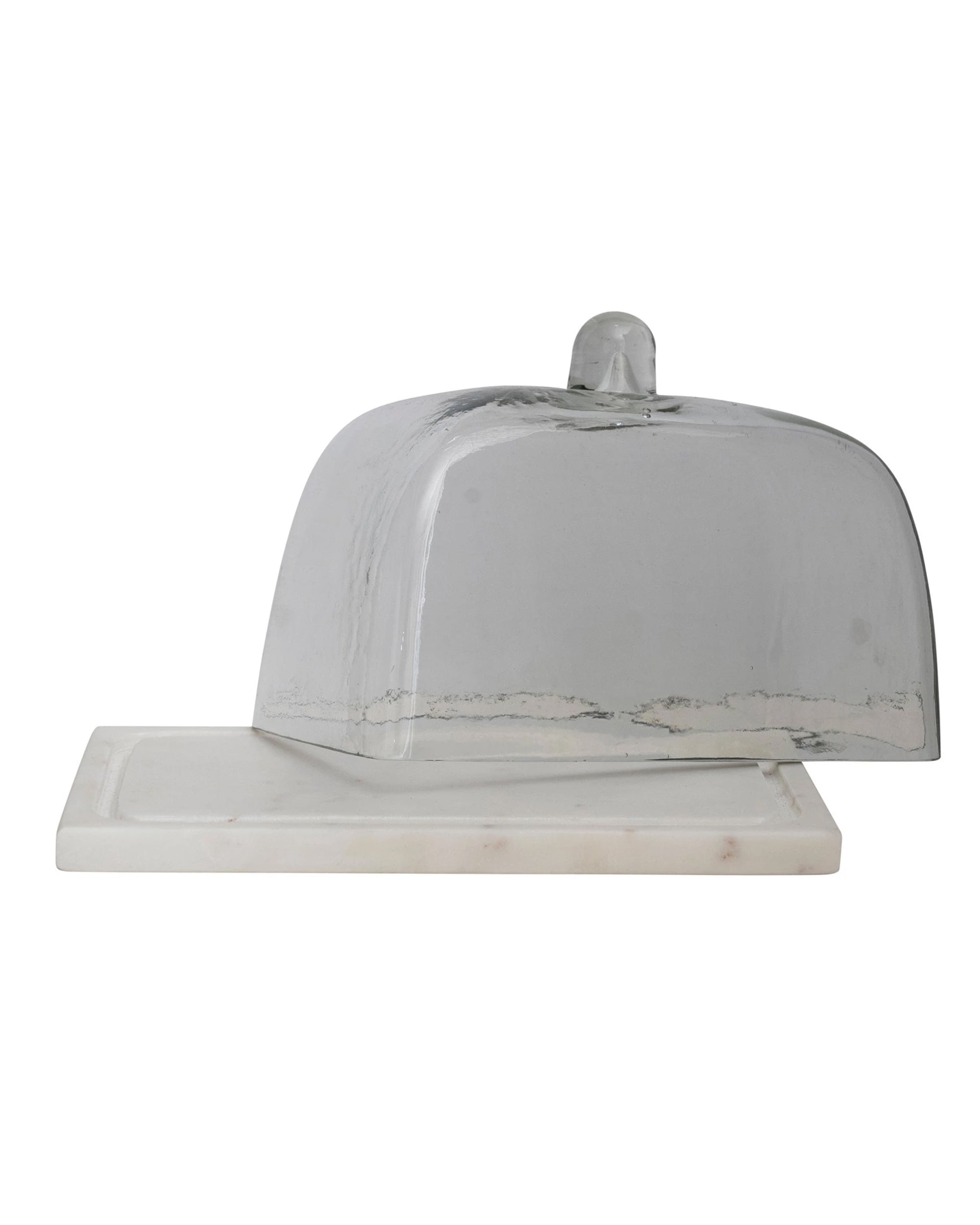 The Creative Co-op DF7379 Glass Cloche White Marble features a rectangular white marble tray with a clear glass dome and round knob—ideal for elegant food or kitchen storage, perfect for serving cheese or butter.