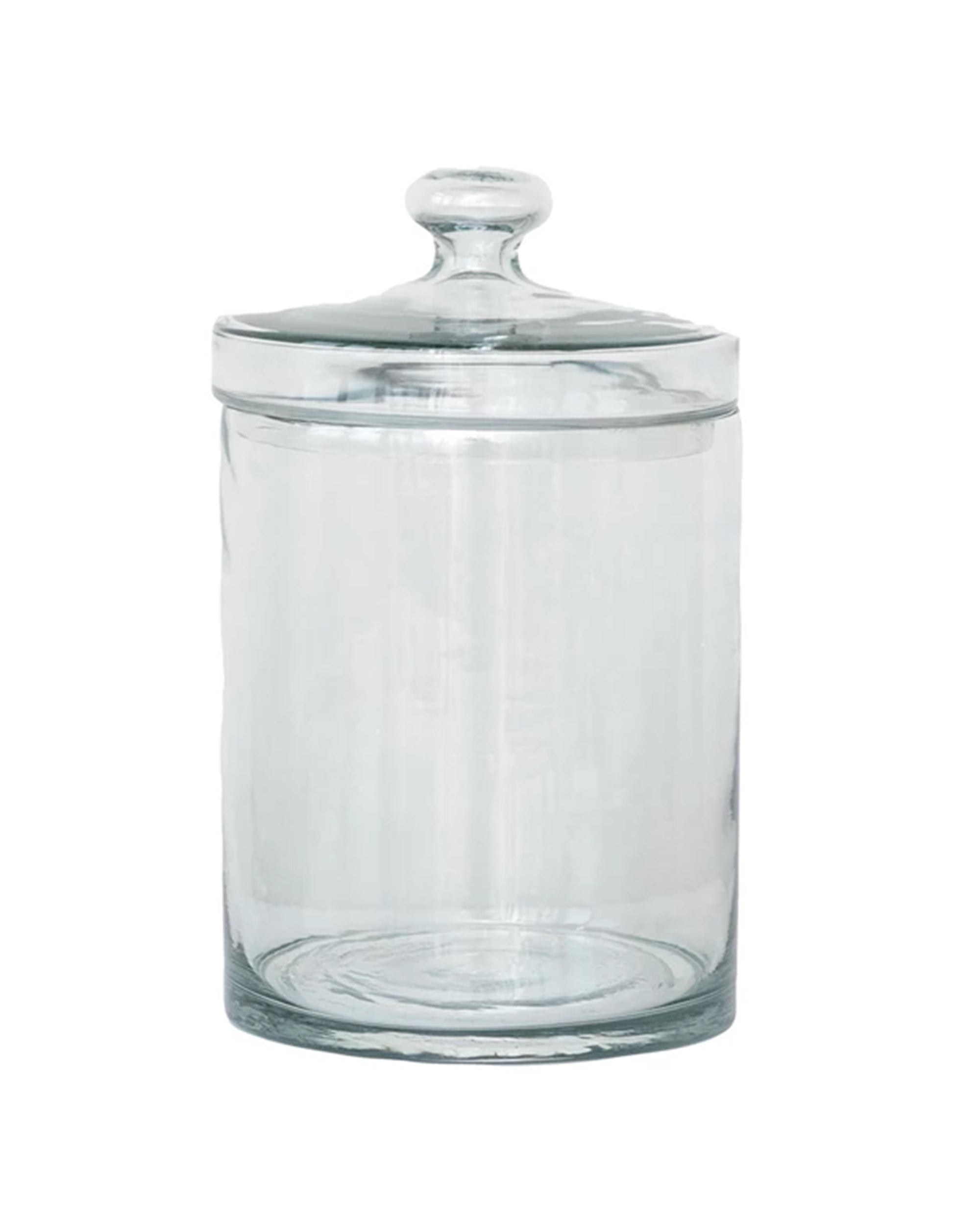 The Creative Co-op DF9421 Glass Jar w/ Lid features a clear round design with a matching lid and handle, making it an ideal decorative storage jar. Displayed empty against a white background.