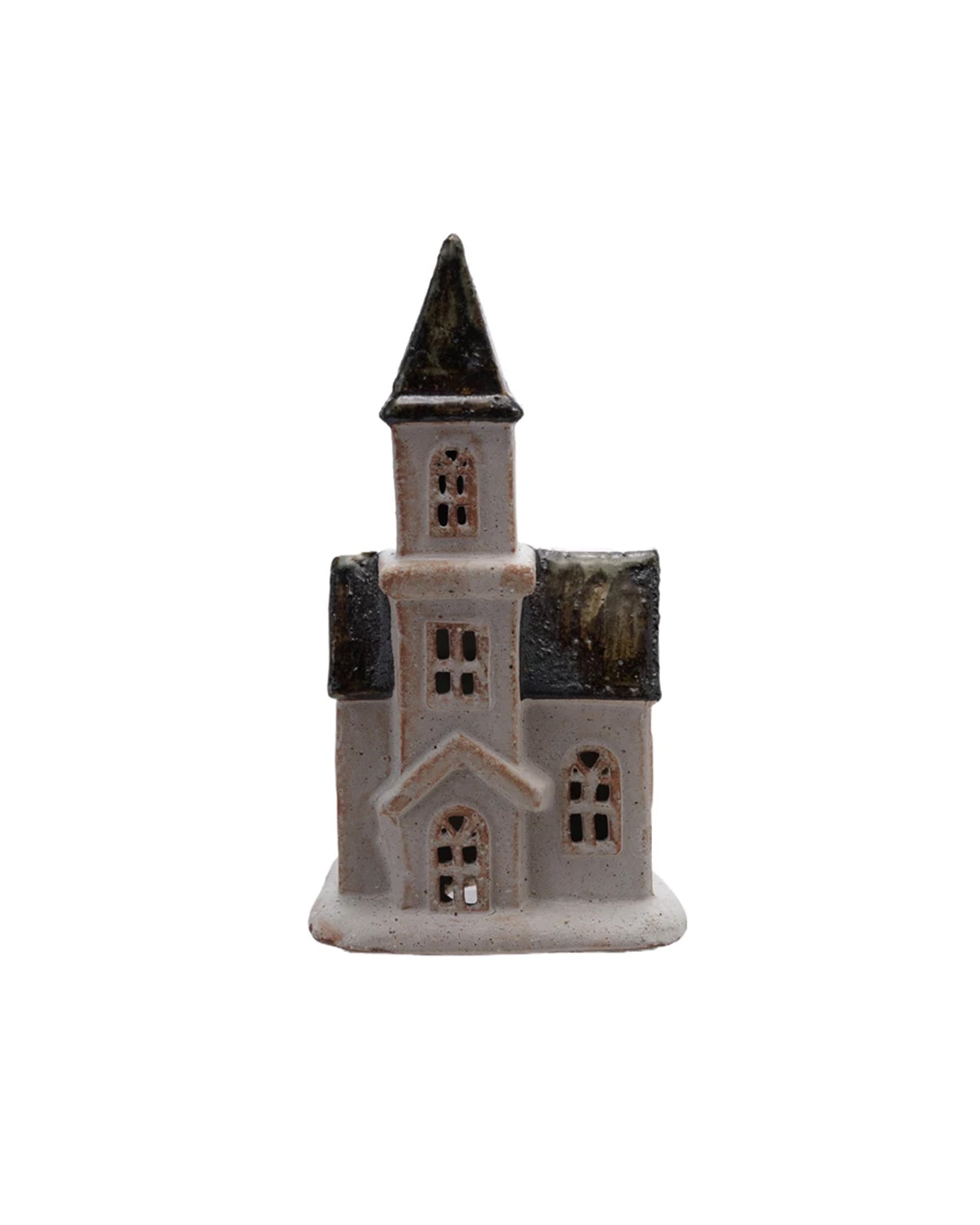 The Creative Co-op 9 1/2" H House in White/Black is a small stoneware church model featuring a tall steeple, arched windows, and a textured roof, all finished in white and brown reactive glaze against a plain background.