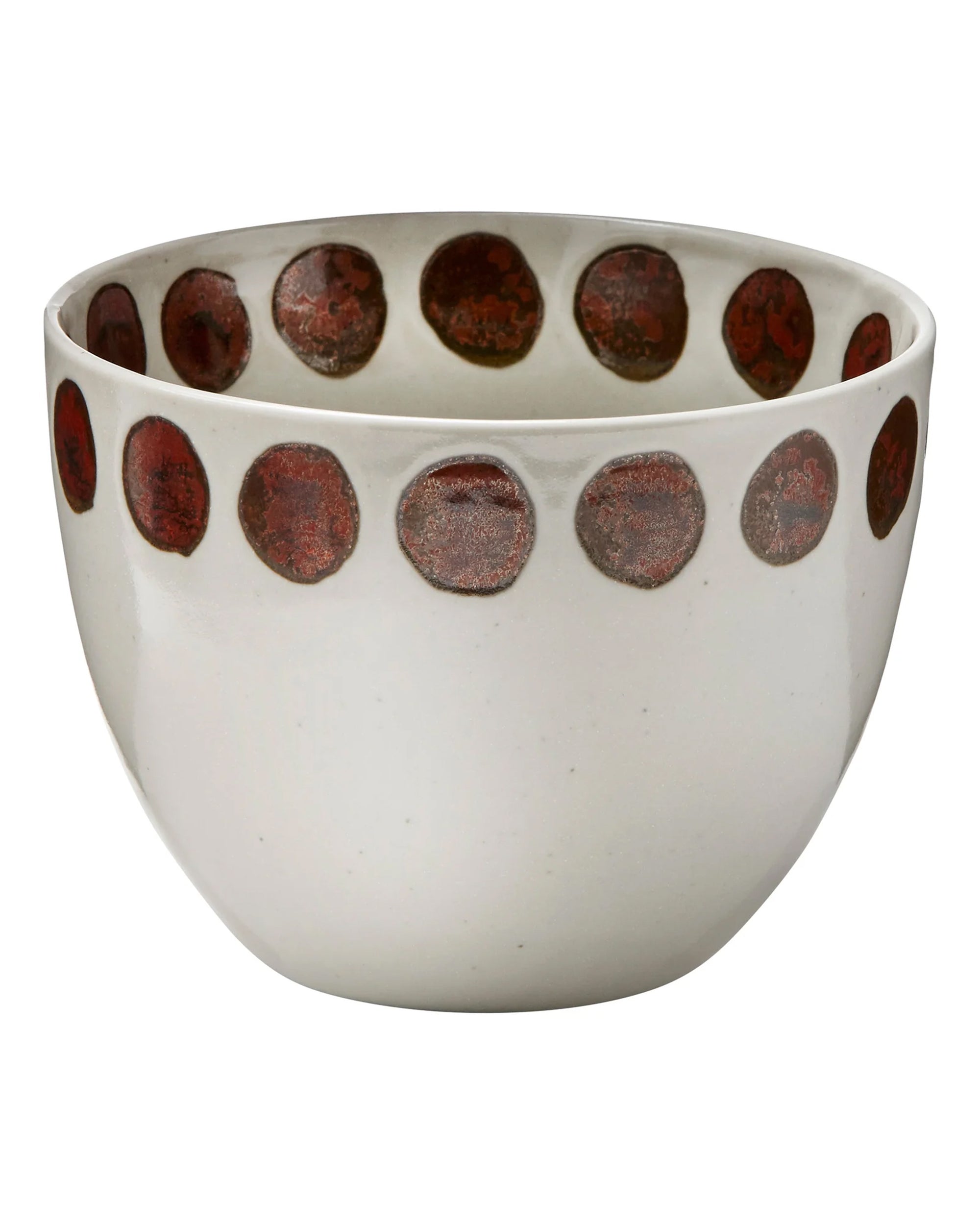 The Tag Glaze Dot Bowl is a white ceramic bowl featuring a hand-painted horizontal row of large, dark red-brown dots around the upper rim.
