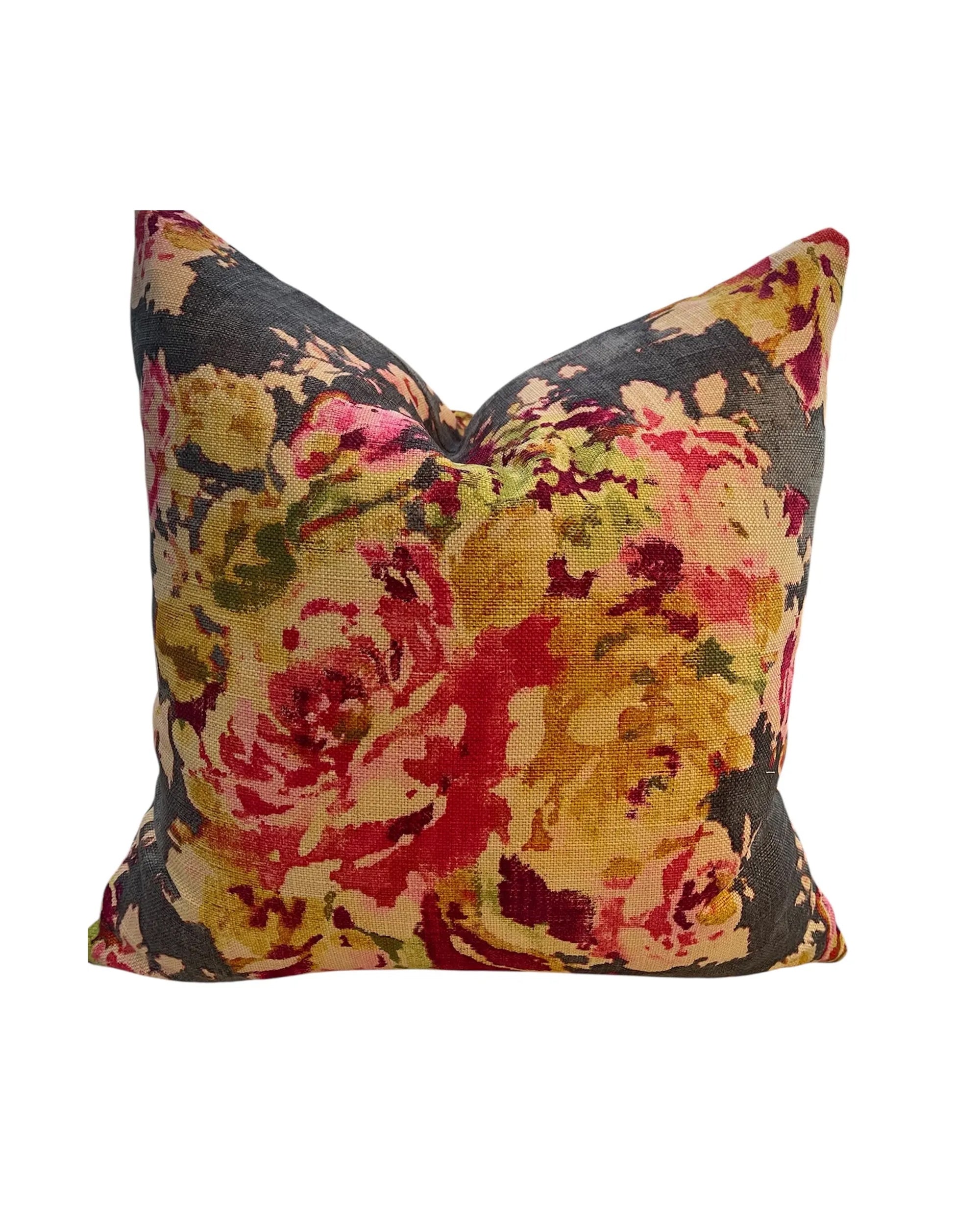 The Glenda Floral 20x20 Pillow by Dahlia & Grace Pillows features soft cotton with red, yellow, pink, and green blooms on a dark background. Displayed against white, it adds North Carolina charm to your space.
