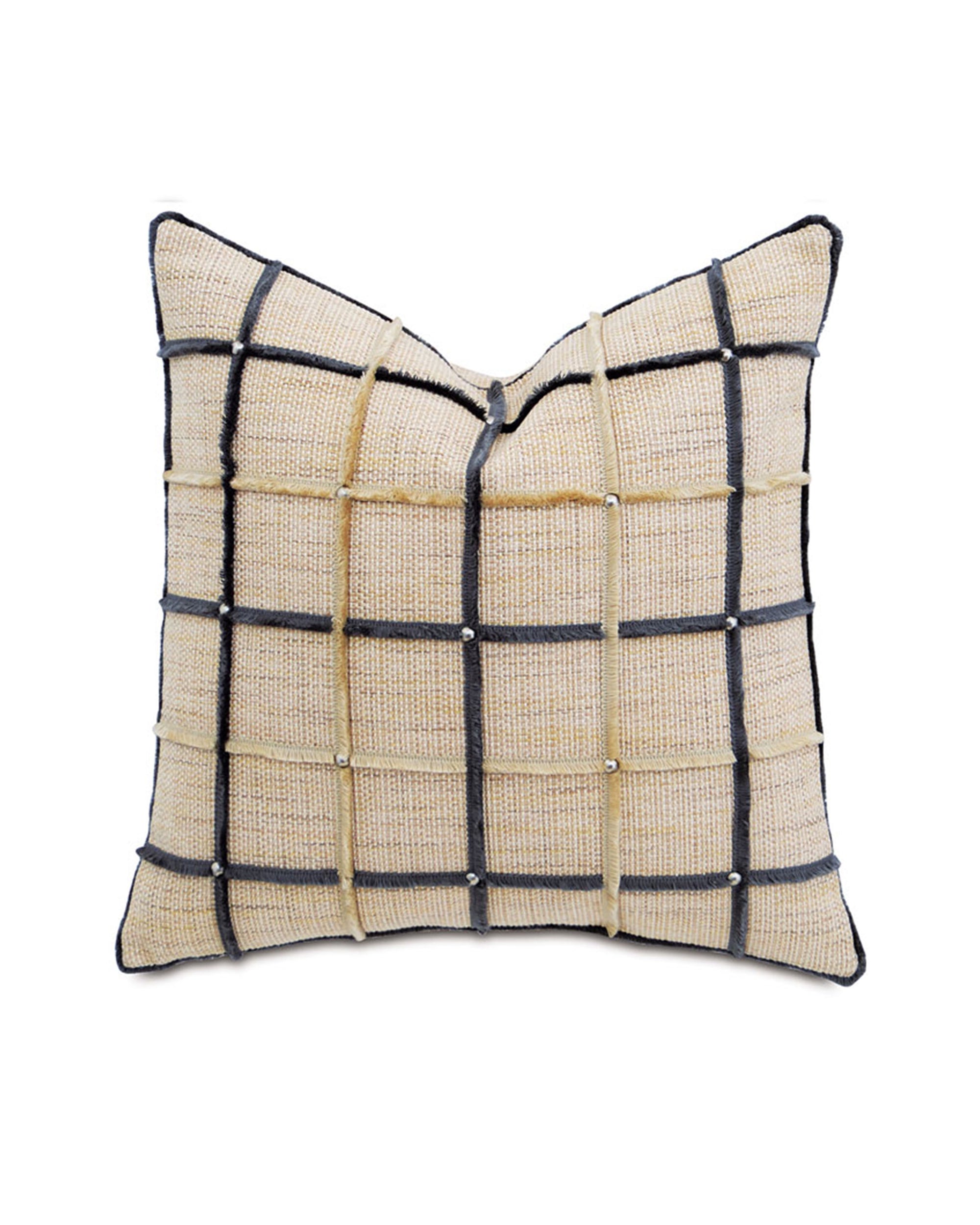 The GILMER/MINI FRINGE throw pillow by Eastern Accents is a 22x22" square beige cushion with a textured surface and a grid pattern of intersecting tan and dark gray lines on a plain white background.