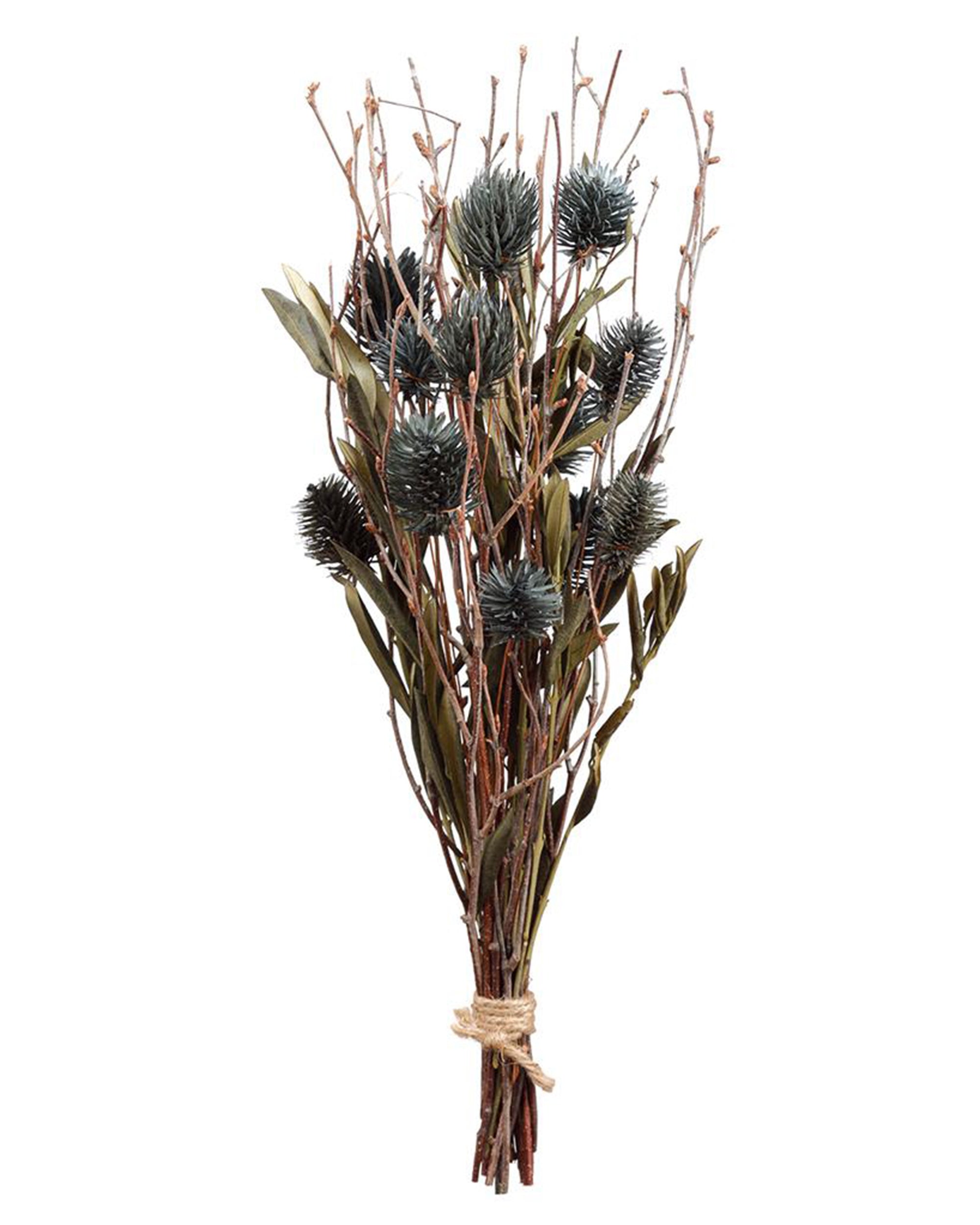 The AllState Floral And Craft Globe Thistle Bundle features 16.5" dried branches, green leaves, and spiky thistle-like flowers with navy stems, tied with twine and arranged upright against a white background.