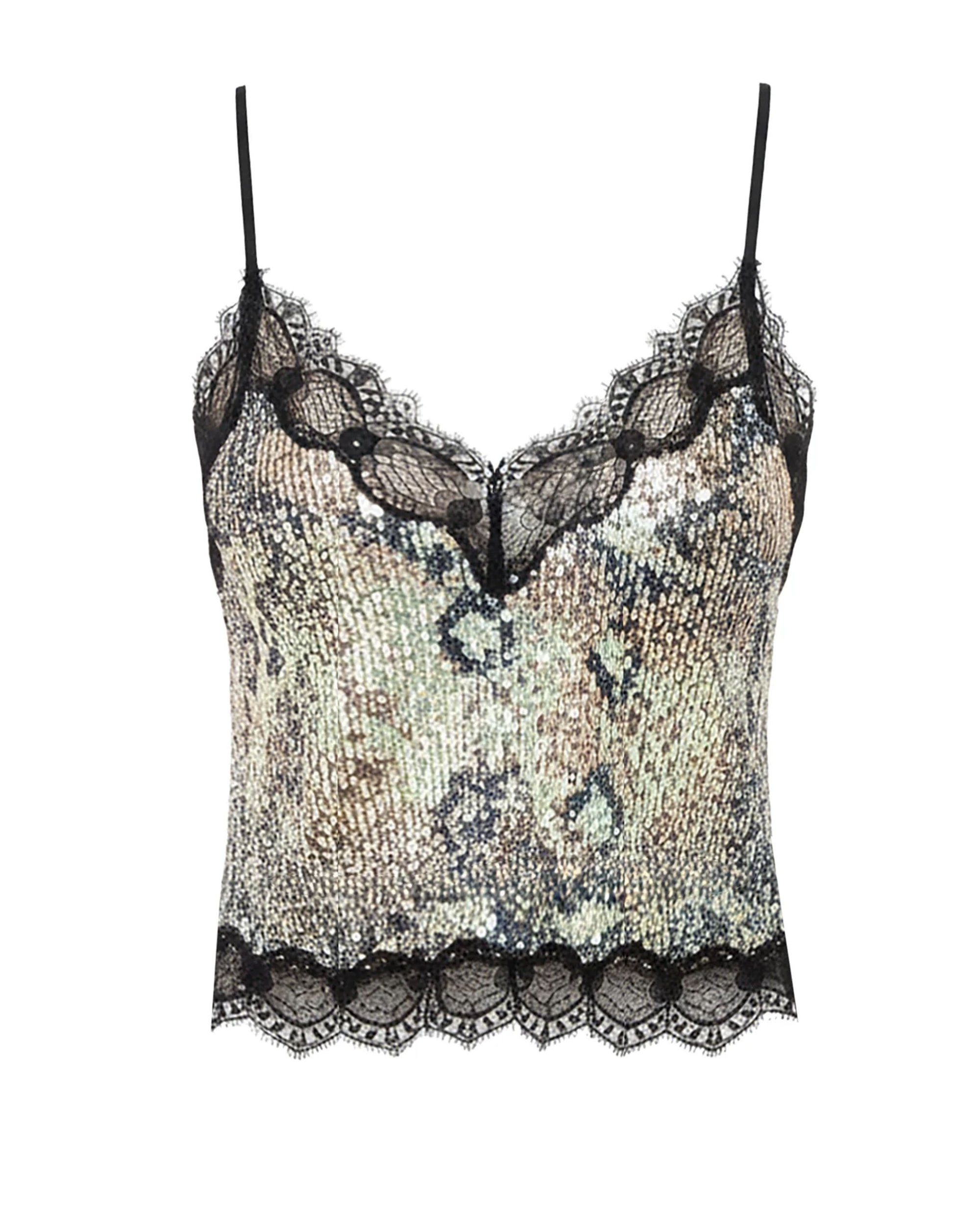 Shine in the Le Superbe Glossy Snake Cami—a women’s top with thin black straps, a sparkling snakeskin pattern, and chic lace trim at the neckline and hem.