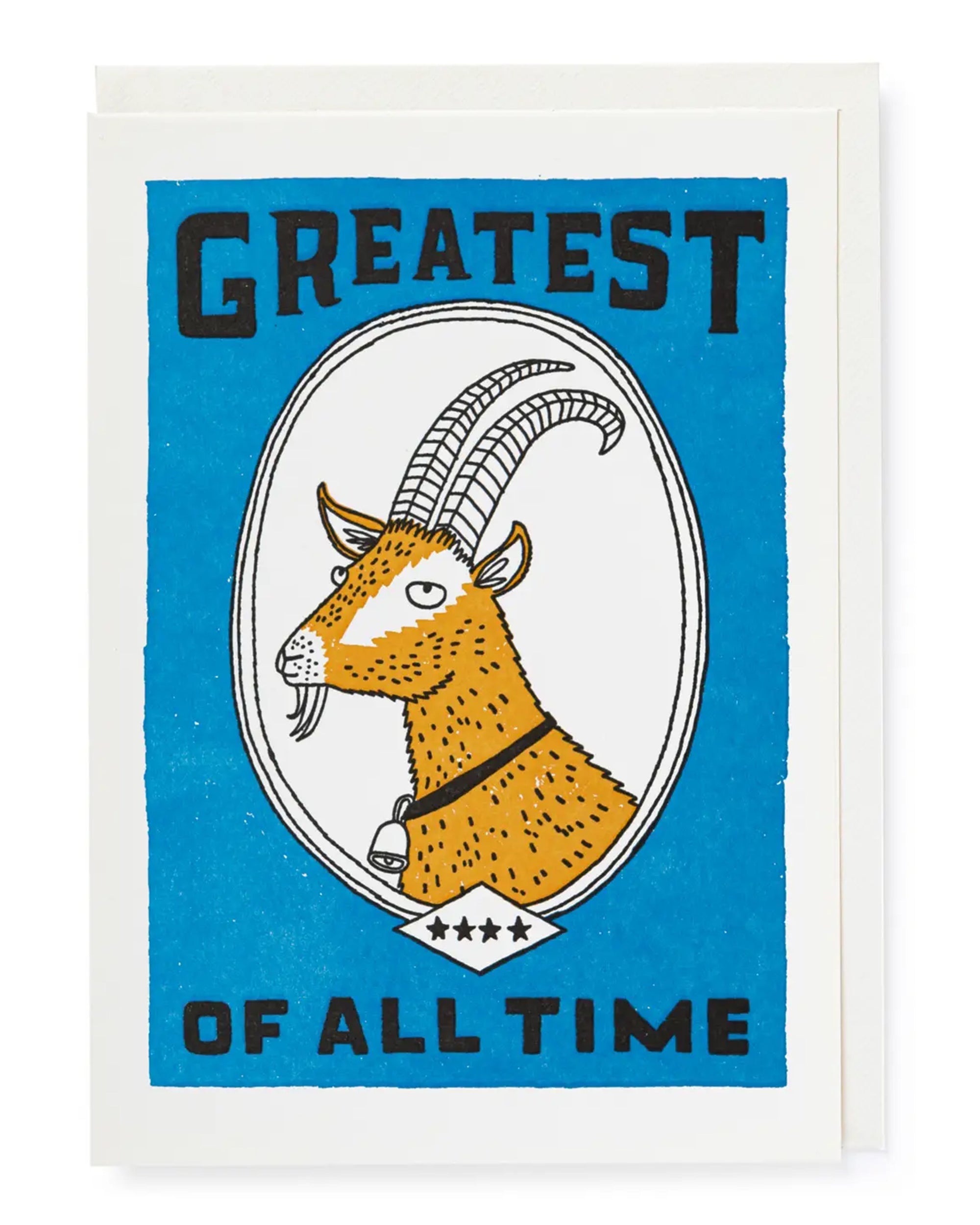 The Faire Greatest of All Time Card features a letterpress goat head in an oval with “Greatest of All Time” in bold text on a blue background—perfect for celebrating someone special.