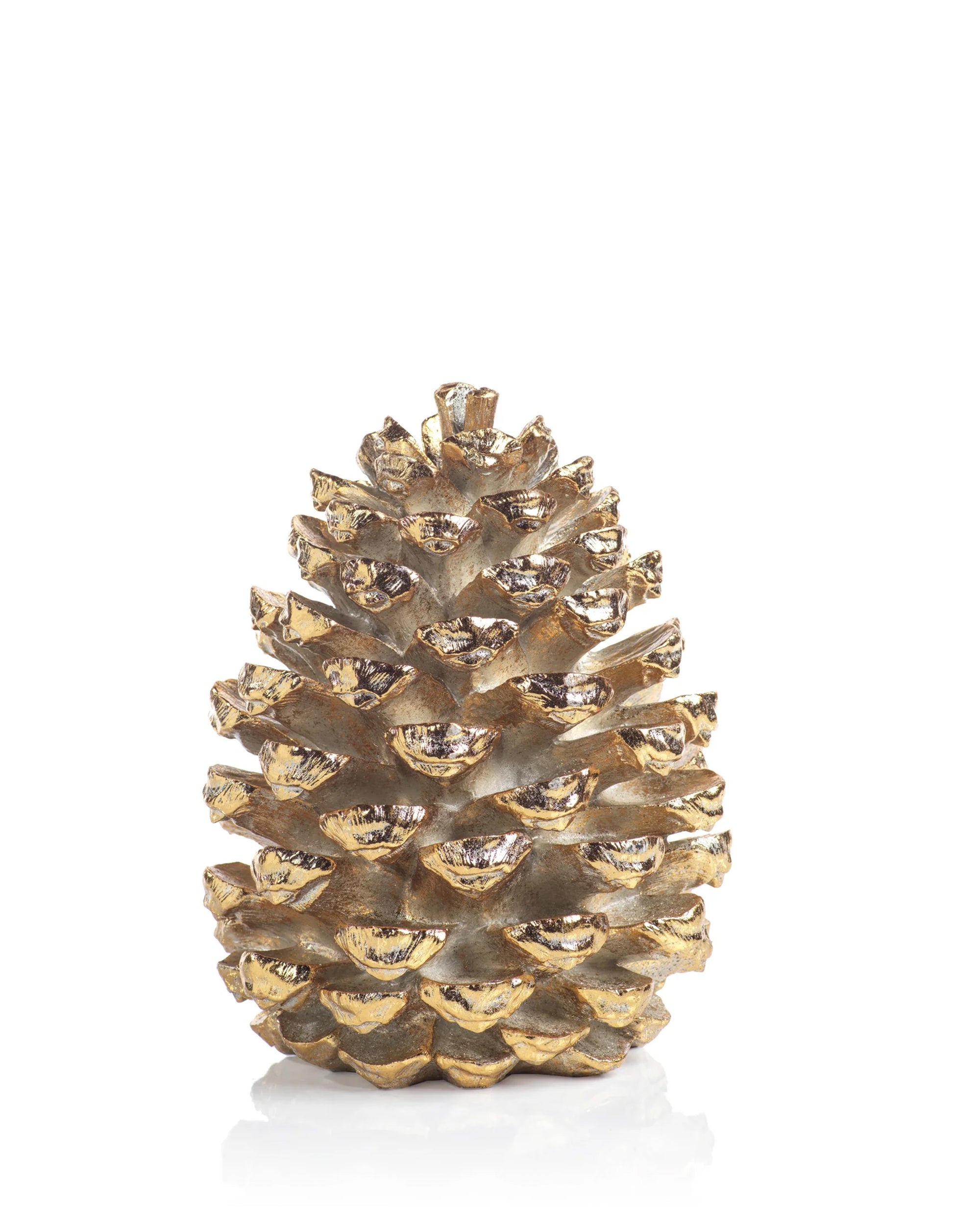 The Zodax Gold Pine Cone 16" stands upright on a white background, making it a striking piece of home decor.