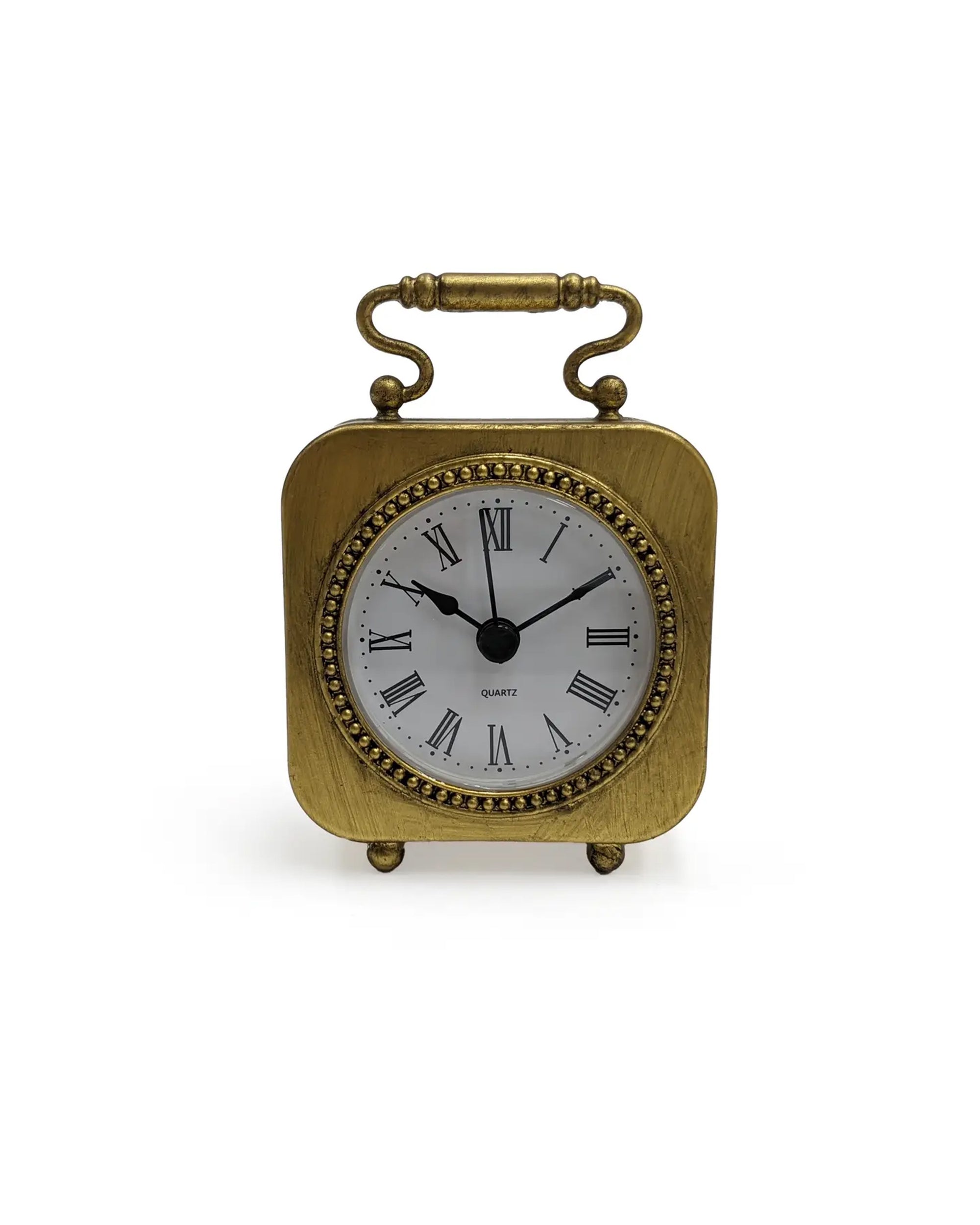 The Zentique PC115 Gold Table Clock Pewter features Roman numerals and a decorative handle, blending vintage charm with modern decor. Shown against a plain white background.