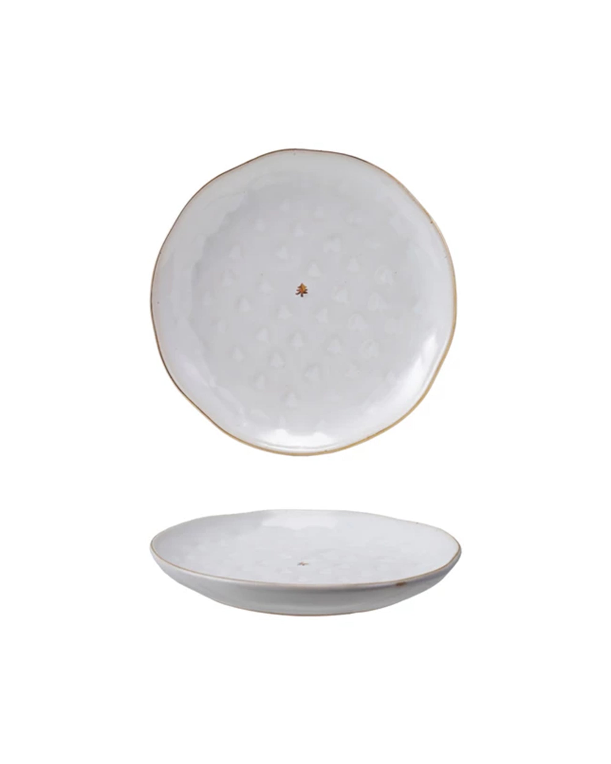 The Creative Co-op Stoneware Plates Tree/Gold features white stoneware with wavy edges, a subtle heart motif, a small gold-plated accent at the center, and a thin gold rim. The plate is displayed both top-down and at an angle.