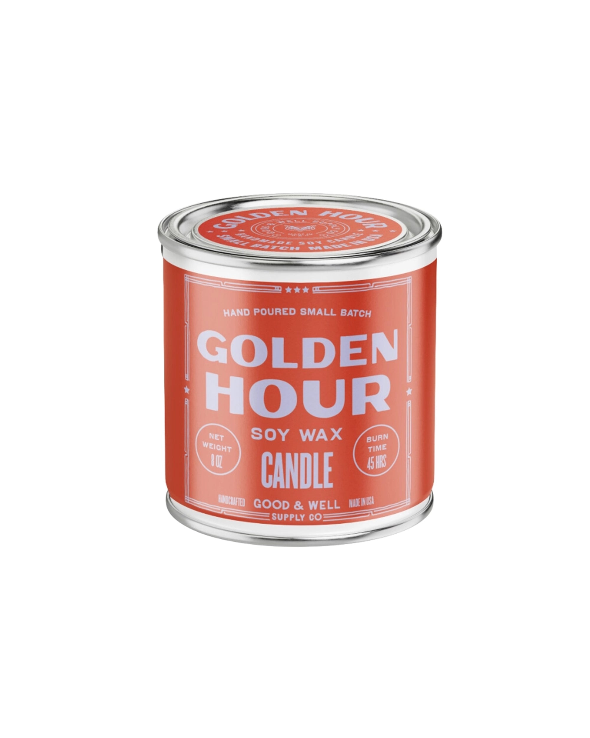 A tin container of Golden Hour Soy Candle by Faire, featuring an orange label with white text and details, and a nostalgic sandalwood musk scent.