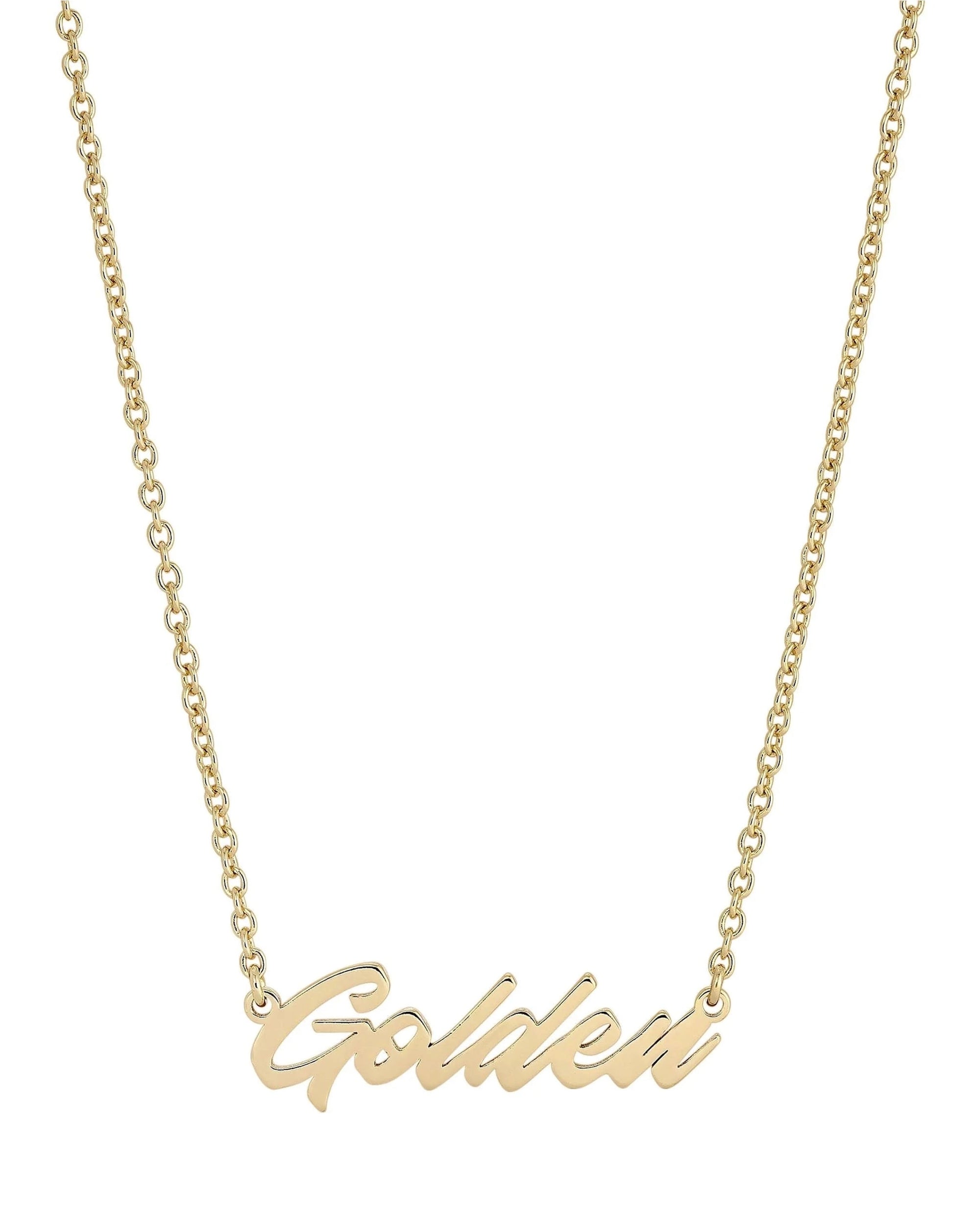 The Faire Script Necklace is a 14K gold, handmade piece featuring a cursive "Golden" pendant attached at both ends to the chain, photographed on a plain white background.