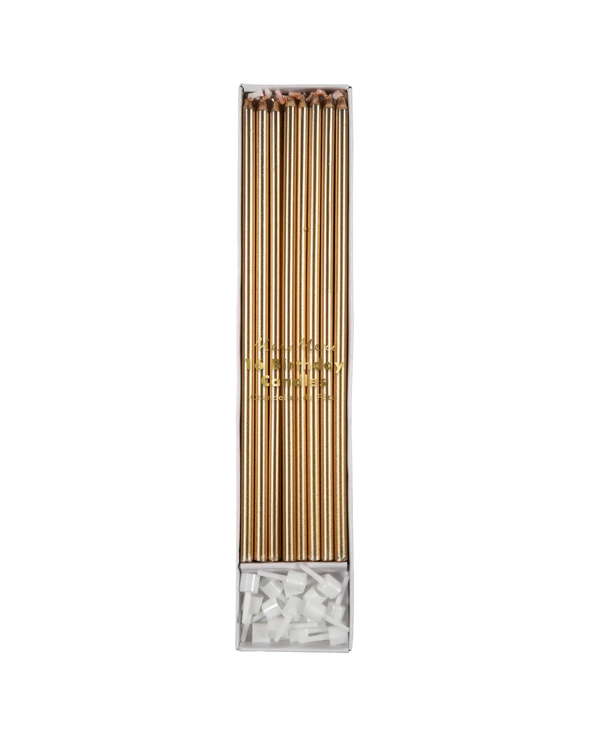 A box of Faire Gold Long Candles, neatly arranged in a row, features an elegant gold color with white tips, resembling sophisticated party straws.