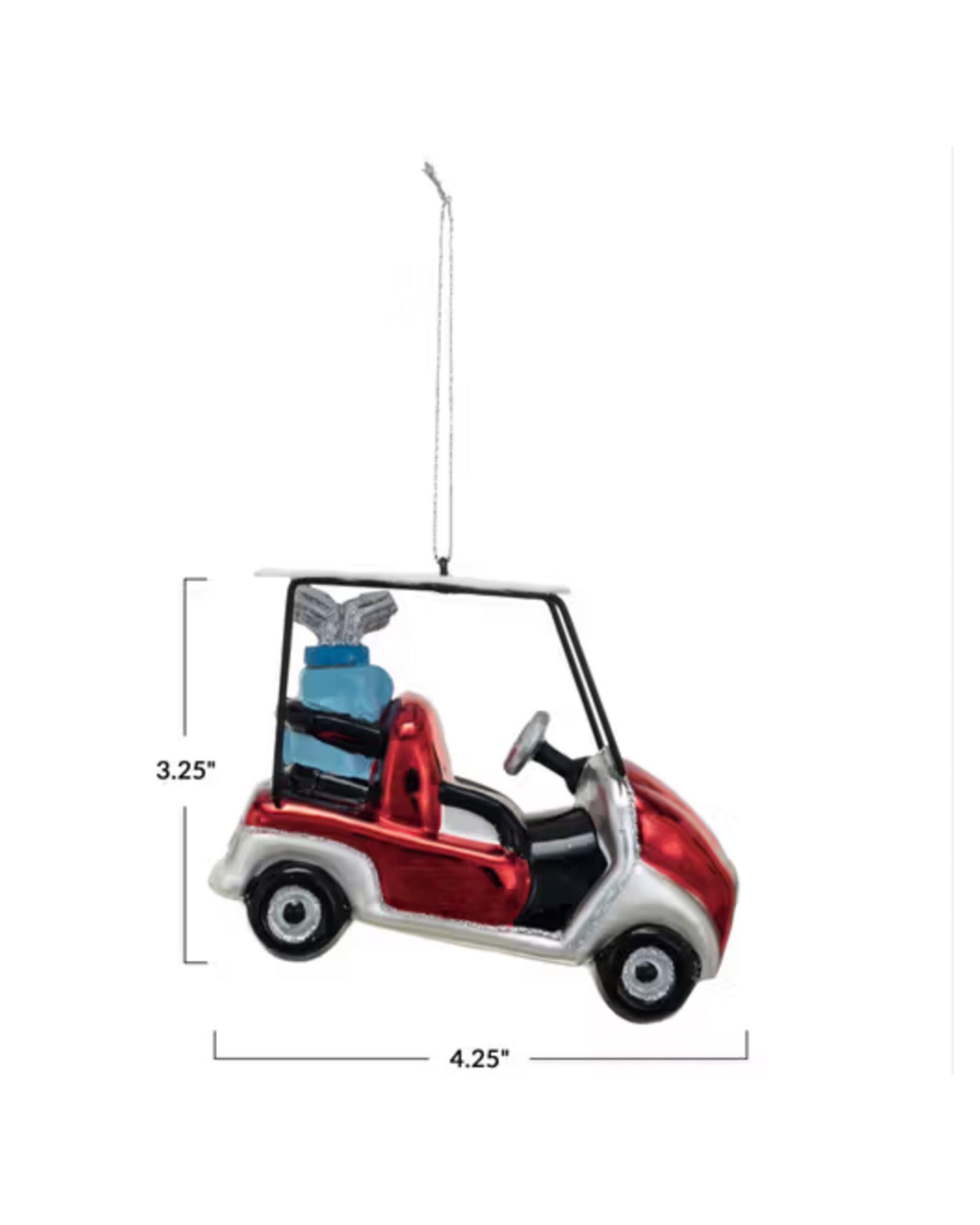 The Creative Co-op Glass Golf Cart Ornament features a small red and silver cart with golf clubs in the back, measures 3.25" tall and 4.25" long, and hangs by a string—a unique gift or decoration for golf fans.
