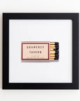A framed matchbook from Gramercy Tavern in New York City, displayed against a white background. The matchbook features a classic design with the restaurant's name and address, encased in an Art Square Black Frame by Match South.