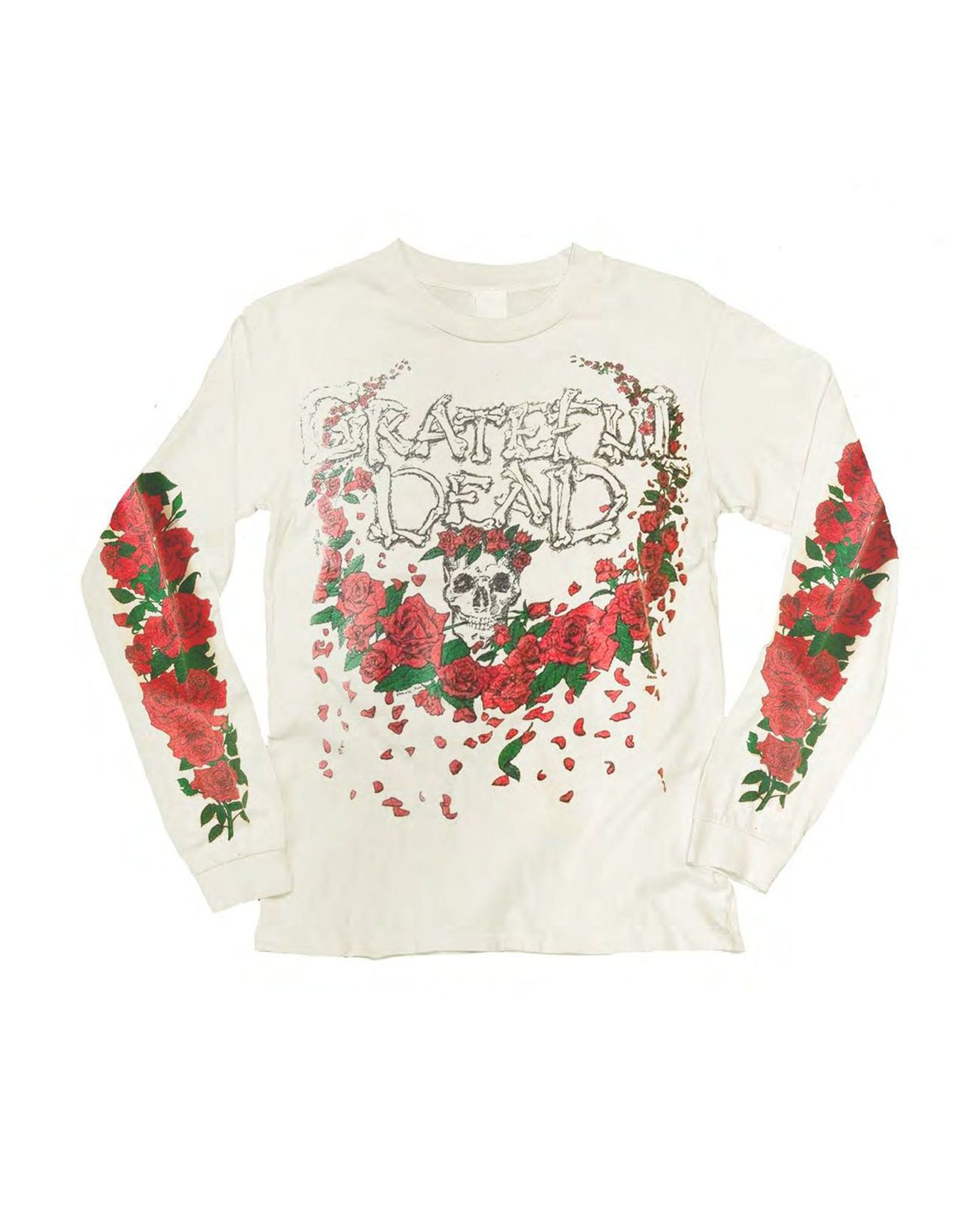 The Made Worn Grateful Dead Long Sleeve is a stylish white shirt with "Grateful Dead" text, a skull crowned with roses, and red rose graphics down both sleeves and the front.
