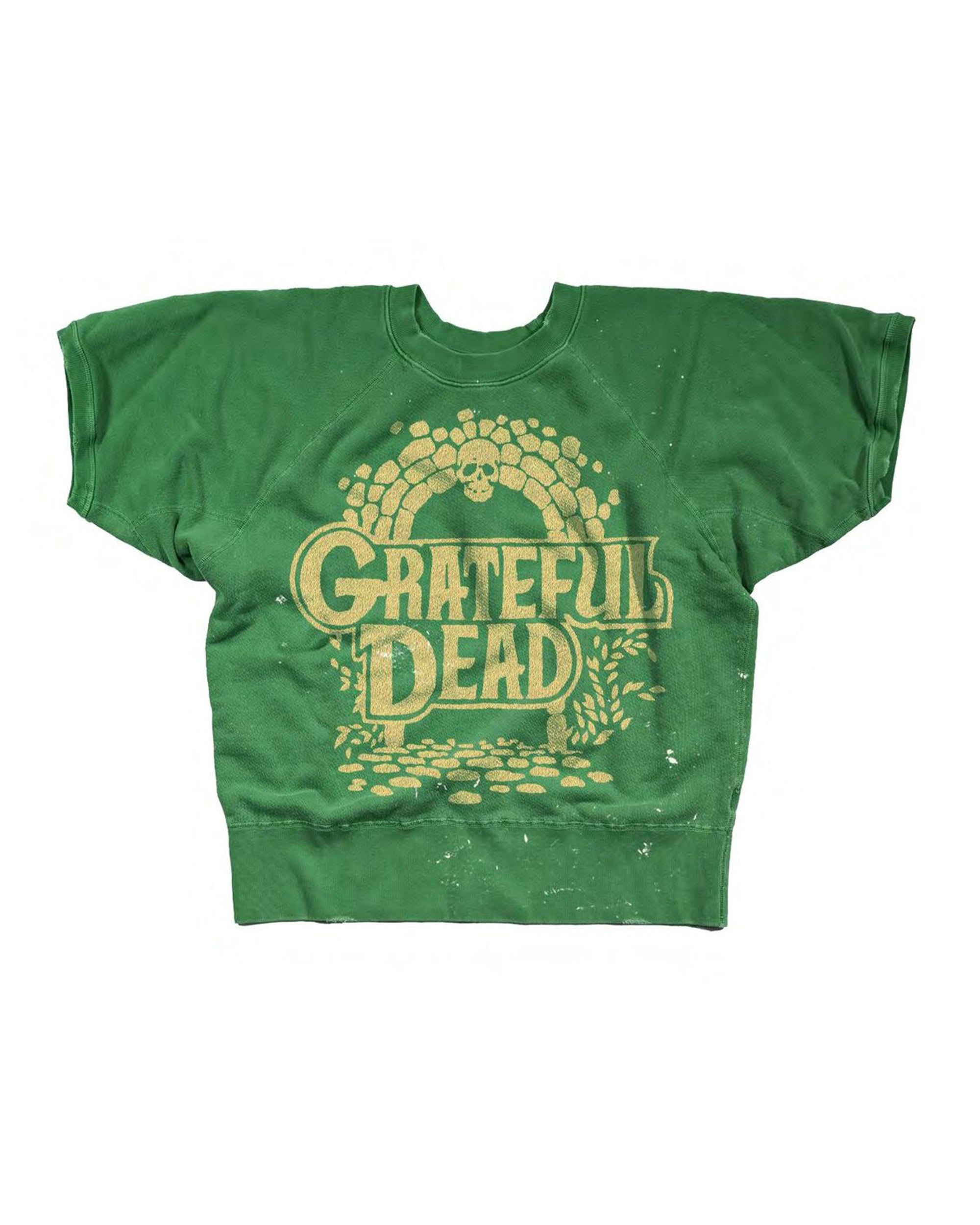 Green vintage-inspired sweatshirt with yellow Grateful Dead logo and skull by Made Worn.