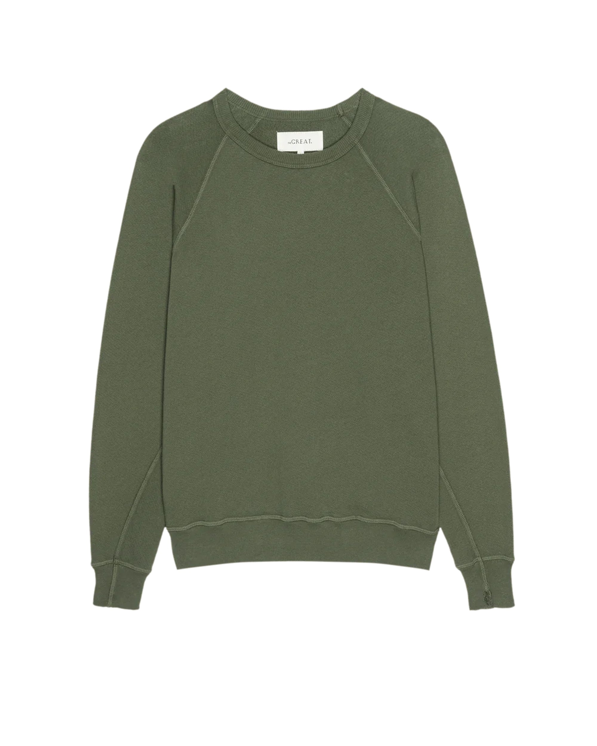 The College Sweatshirt S25 by The Great Inc.—an olive green oversized pullover with long sleeves, ribbed cuffs, and hem—shown laid flat on white for a handcrafted Los Angeles aesthetic.