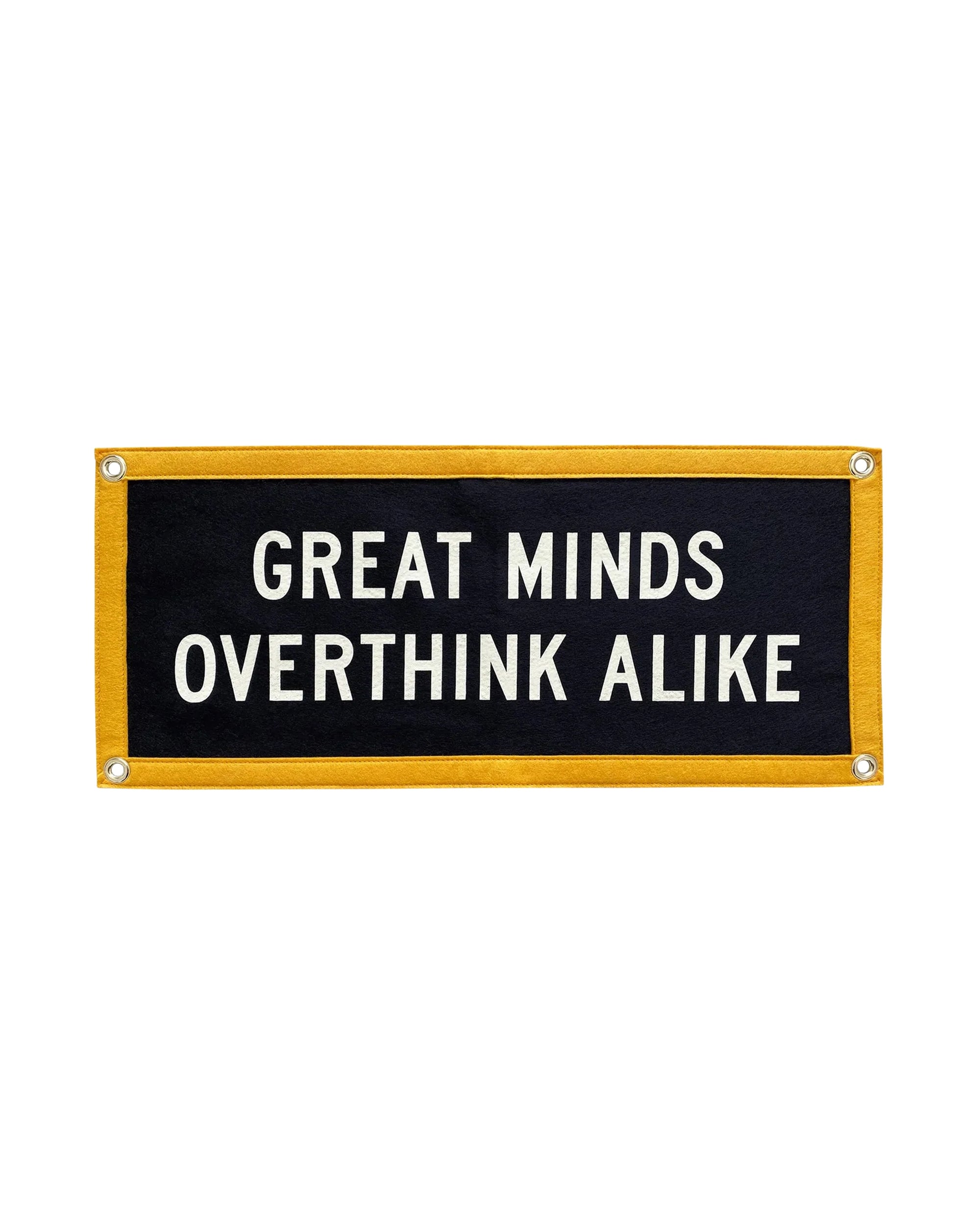 The Oxford Pennant Great Minds Overthink Alike 10x24 camp flag features black, cream, and gold colors, a yellow border, white "GREAT MINDS OVERTHINK ALIKE" text, and reinforced corners with metal grommets.