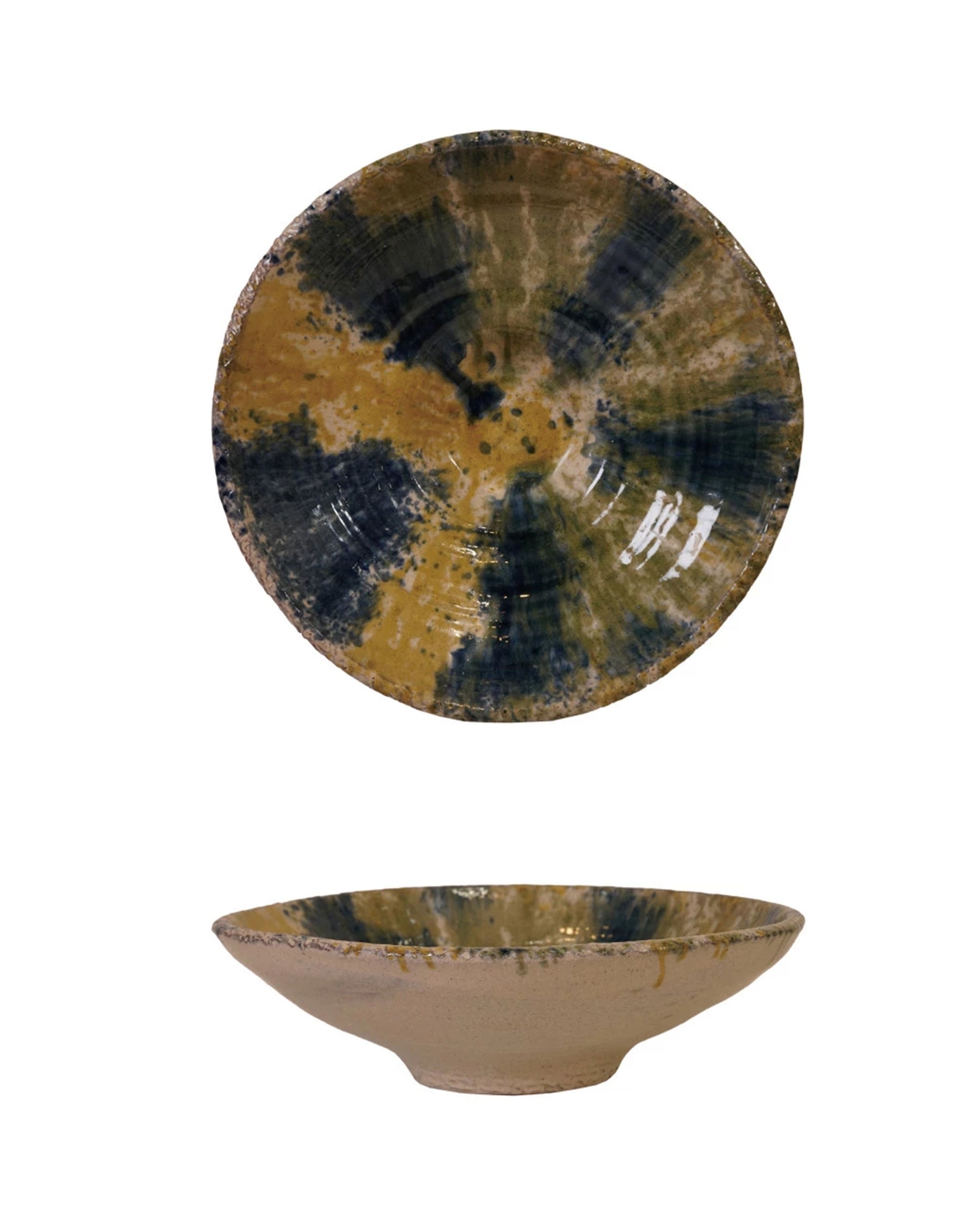 The image displays the Creative Co-op Round 15" Terra-cotta Bowl, handmade with a wide rim and a green, yellow, and blue marbled reactive glaze interior, shown in both top and side views against a white background.