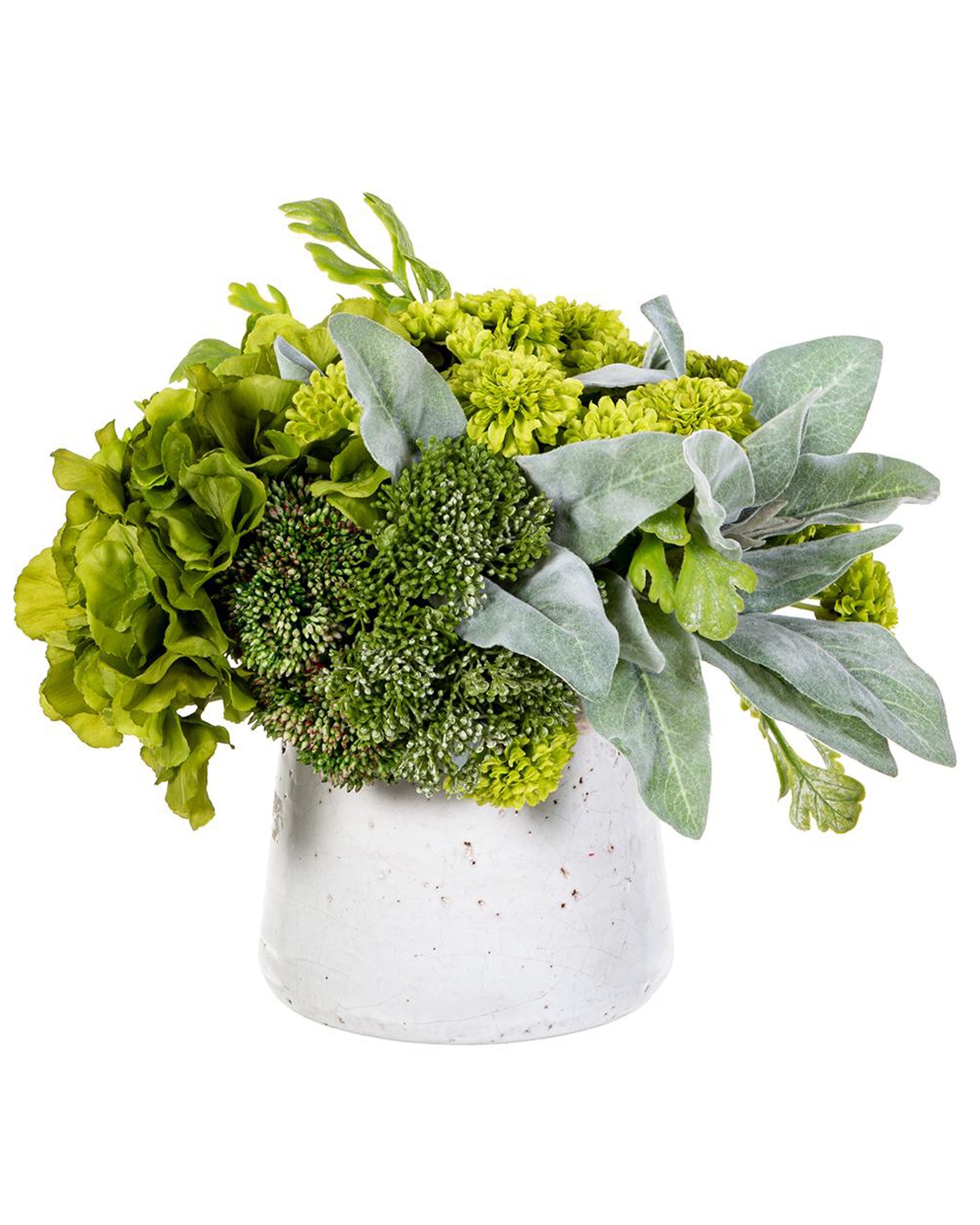 The Pompom Fern Lambs Ear Bouquet by AllState Floral And Craft features green artificial flowers, leafy stems, and textured foliage in a white ceramic vase for a lush, modern botanical display.