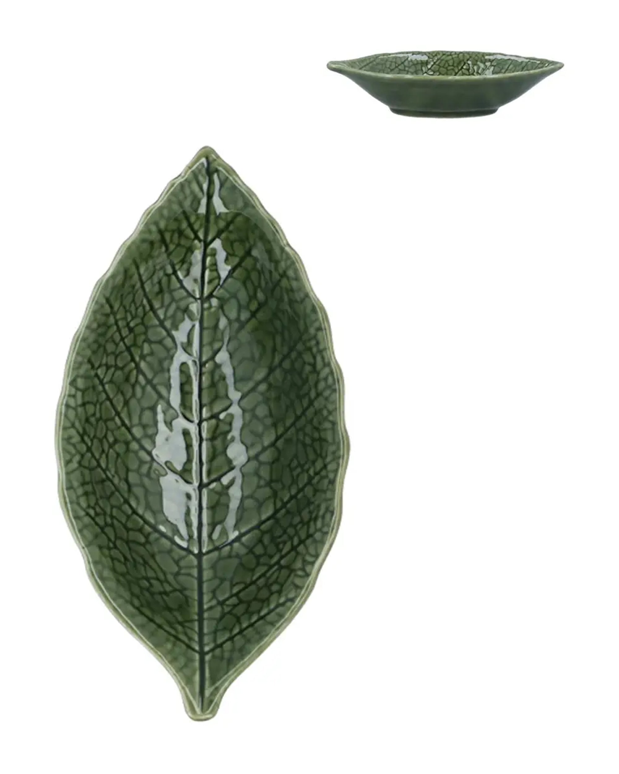 Mini green ceramic leaf dish with textured veins by Faire, shown from top and side angles on a white background.